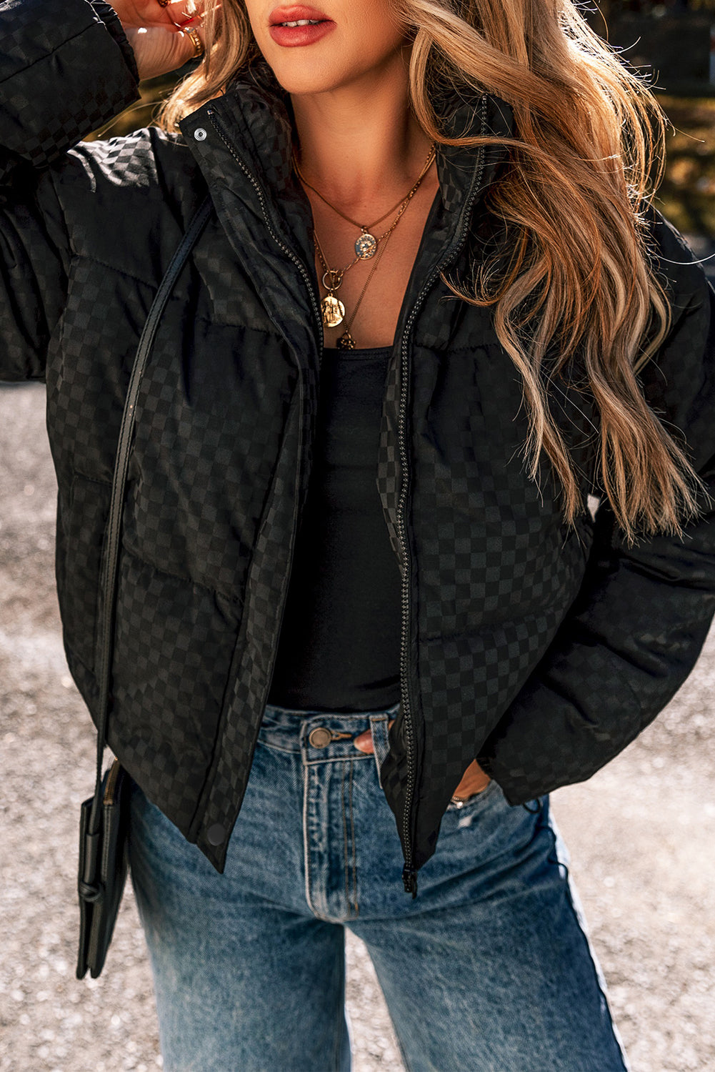 Black Checkerboard Full Zipper Puffer Jacket - Scarlett's Riverside Boutique 