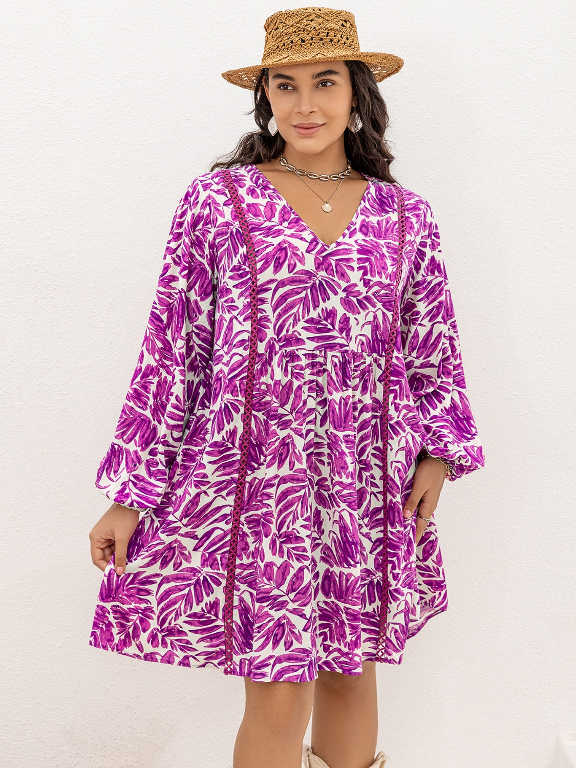 Plus Size Printed V-Neck Balloon Sleeve Mini Dress - Scarlett's Riverside Boutique 