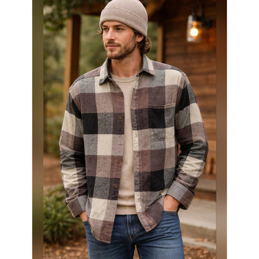 Bert Pulitzer Men’s Plaid Flannel Shirt Size M Brown Gray Button Front 100% Cott