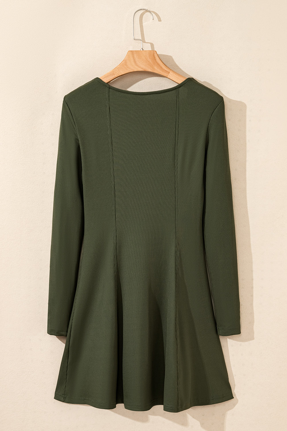 Green Rib Knit Square Neck Buttoned Long Sleeve Mini Dress
