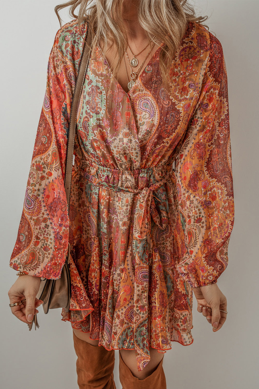 Orange Boho Paisley Print Long Sleeve Pleated Belted Mini Dress - Scarlett's Riverside Boutique 