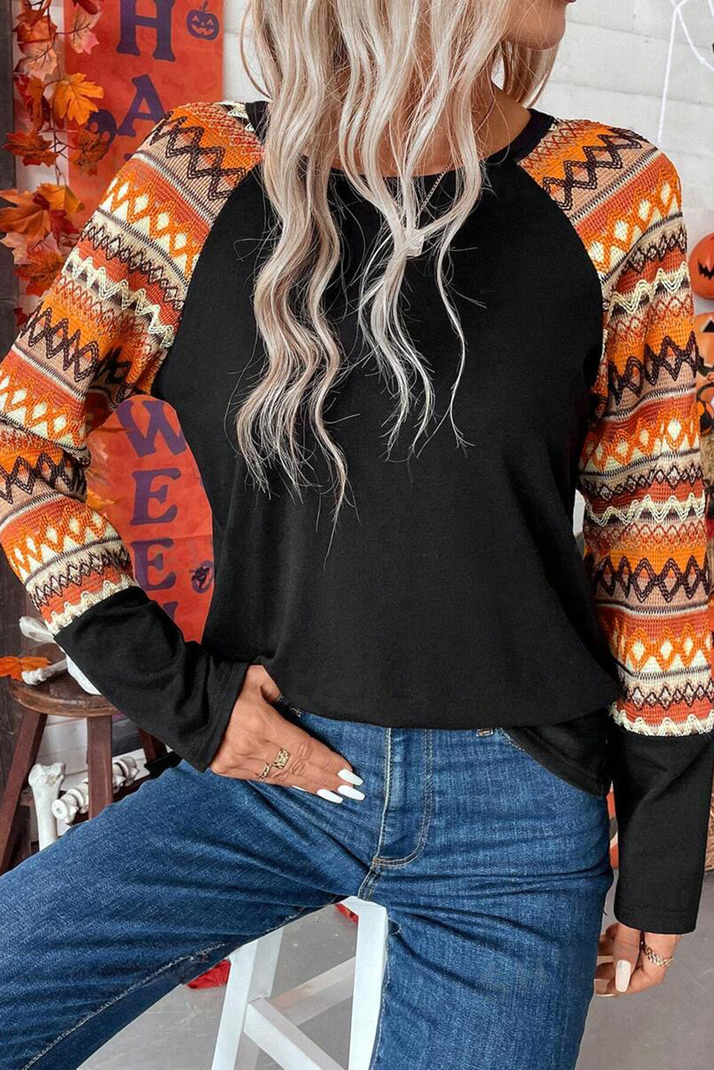 Orange Geo Print Raglan Patchwork Long Sleeve Tee - Scarlett's Riverside Boutique 