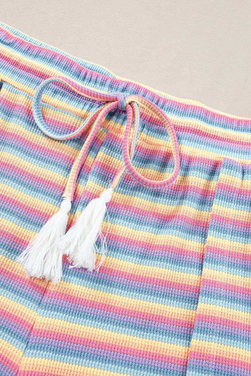 Pink Stripe Rainbow Tee Tasseled String Wide Leg Pants Set - Scarlett's Riverside Boutique 