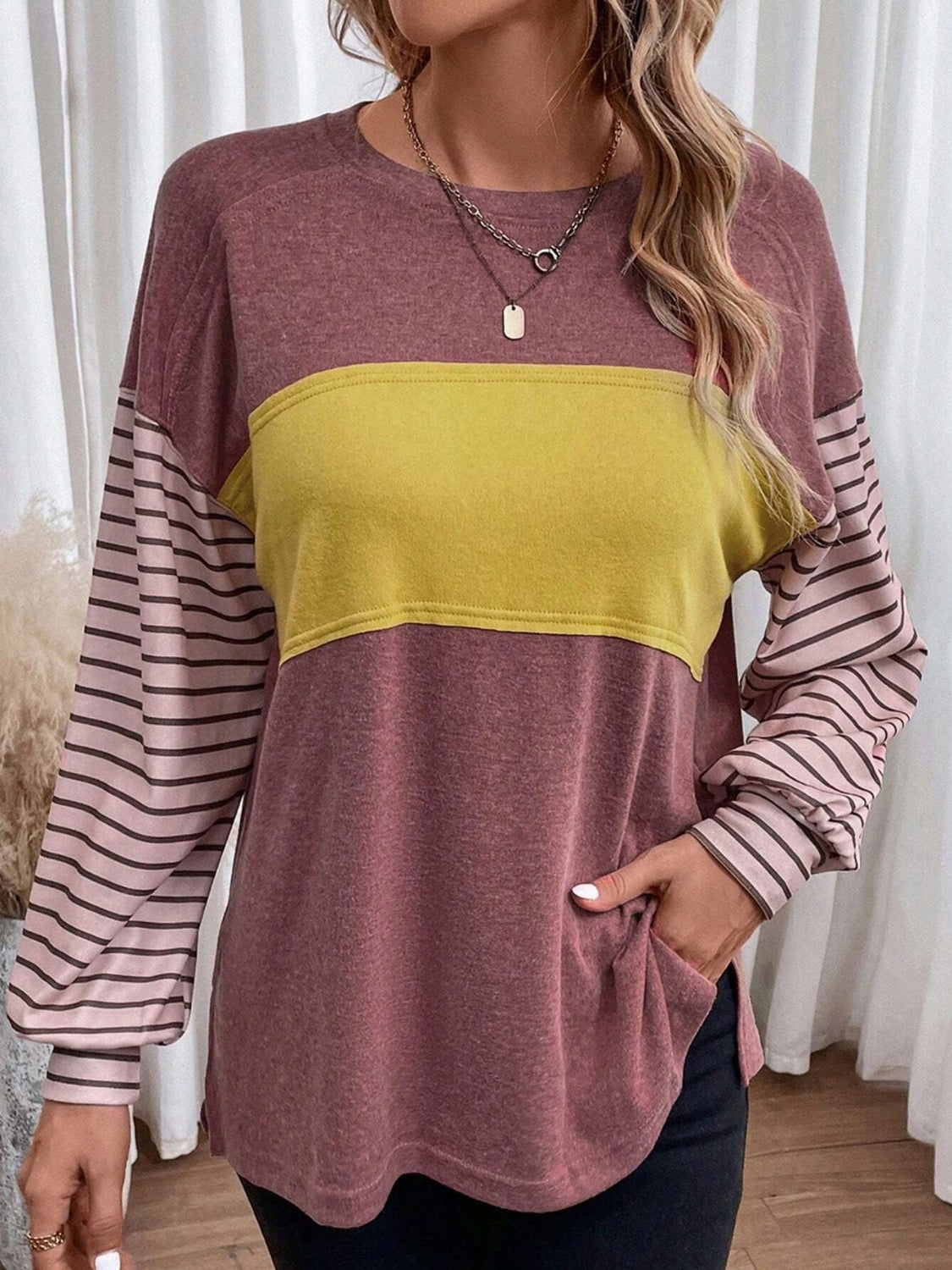 Round Neck Striped Long Sleeve Slit T-Shirt - Scarlett's Riverside Boutique 