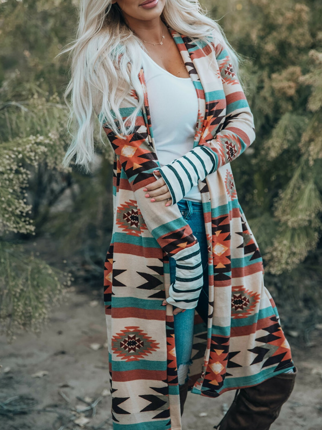 Geometric Open Front Long Sleeve Cardigan - Scarlett's Riverside Boutique 