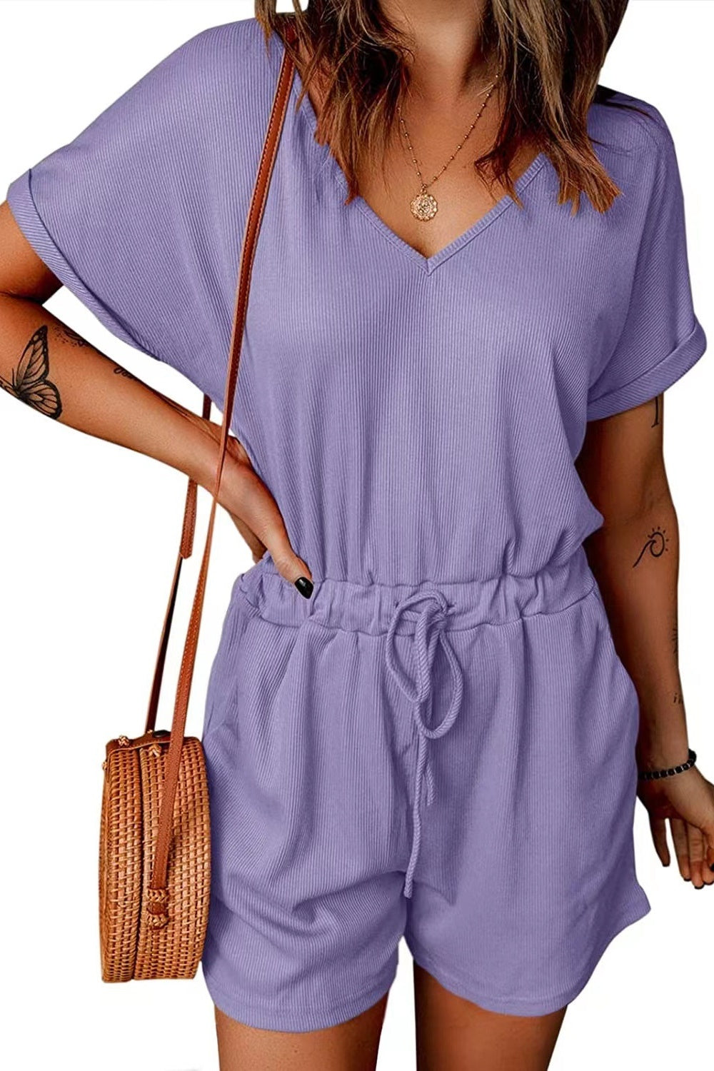 Full Size Drawstring V-Neck Short Sleeve Romper - Scarlett's Riverside Boutique 