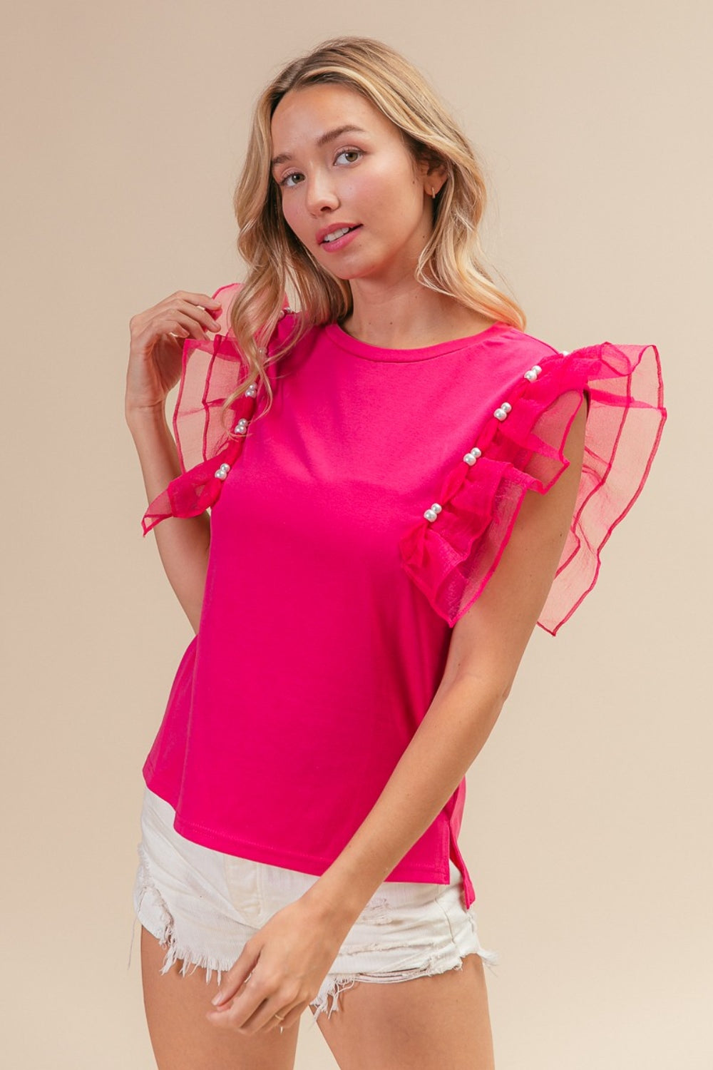 BiBi Pearl Decor Mesh Ruffle Sleeve Top - Scarlett's Riverside Boutique 