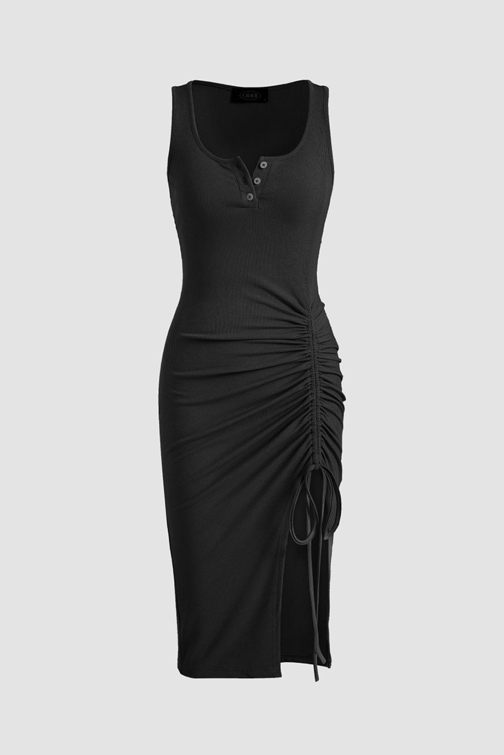 Black Drawstring Ruched Side Split Ribbed Midi Dress - Scarlett's Riverside Boutique 