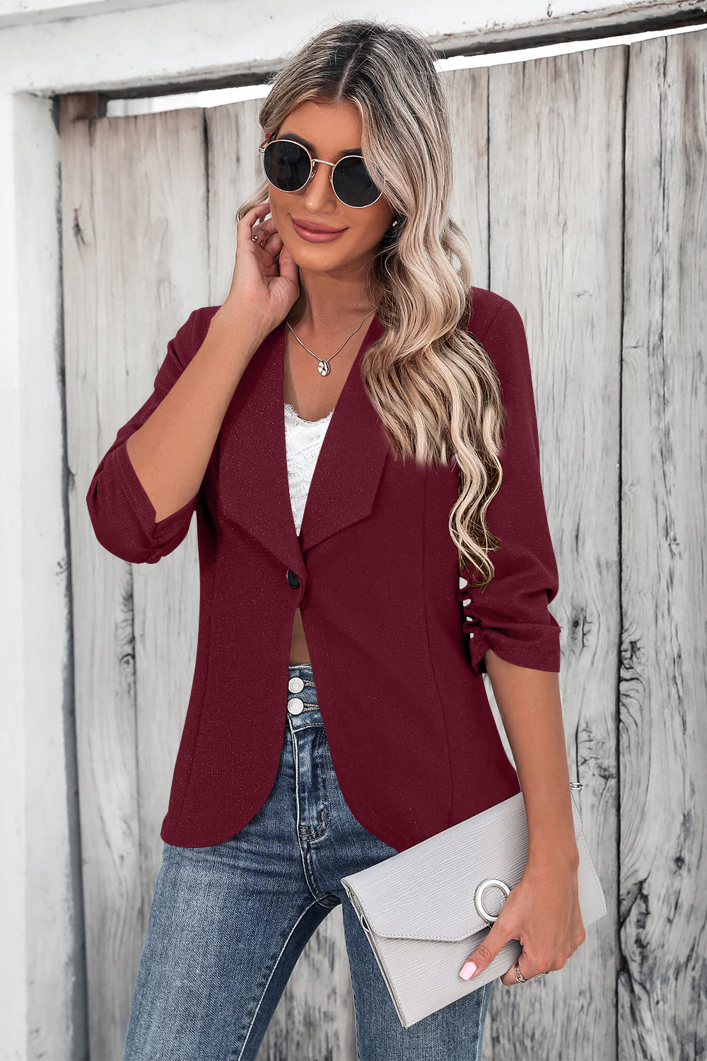 One Button Collared Neck Ruched Sleeve Blazer - Scarlett's Riverside Boutique 