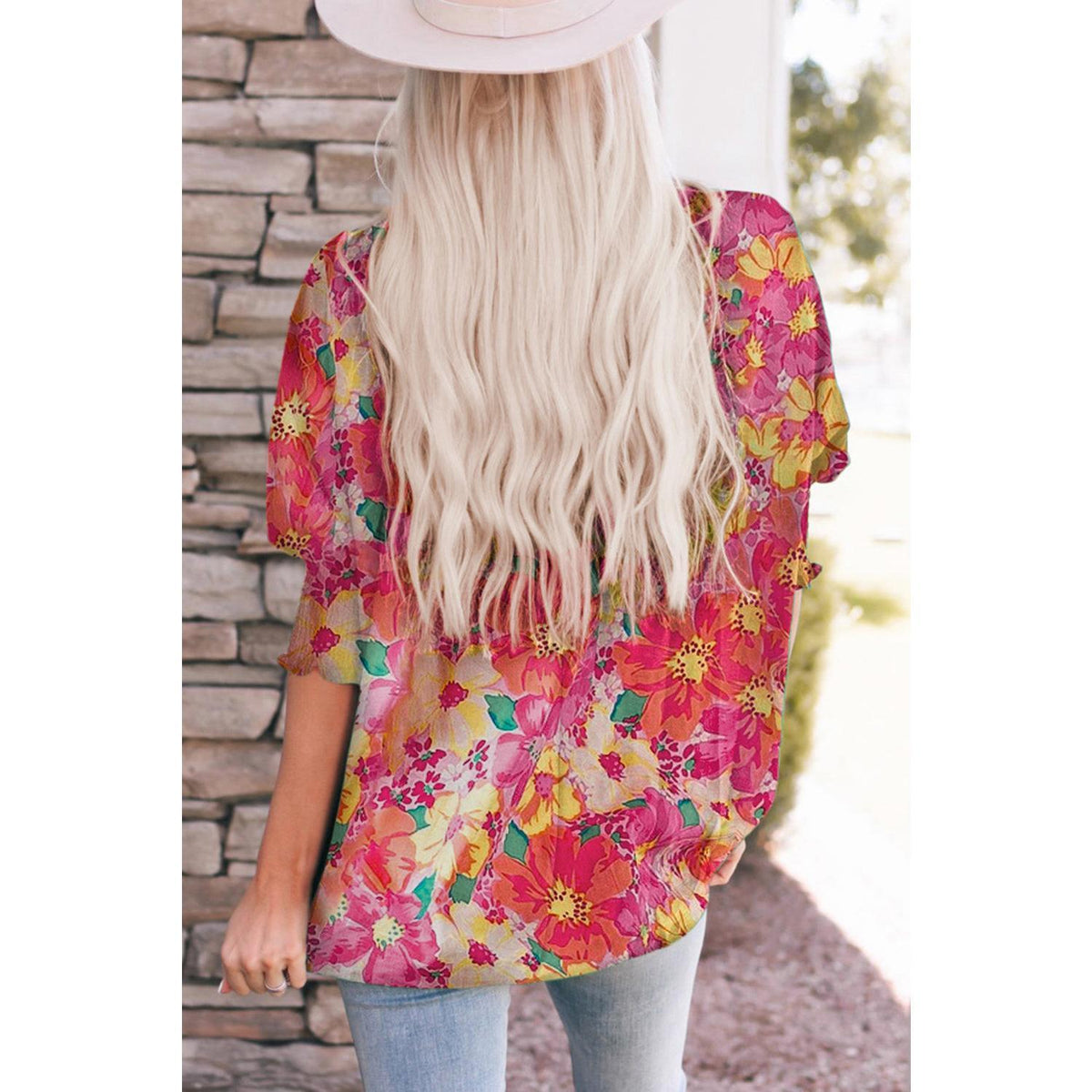 Pink Shirred Cuffs 3/4 Sleeve Floral Blouse Shirts Top Womenswear Print