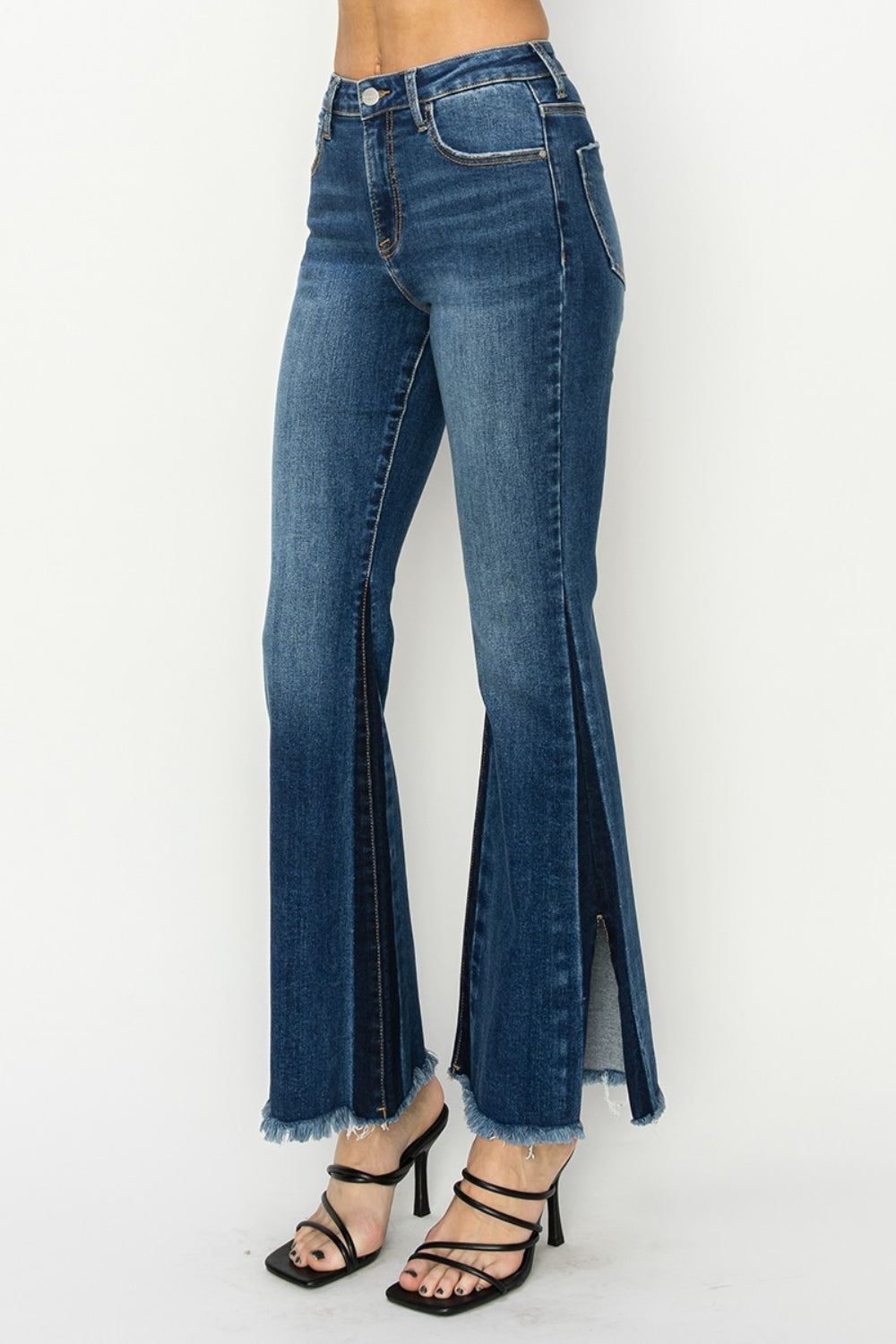 RISEN Full Size High Rise Side Shadow Seam Detail Slit Flare Jeans - Scarlett's Riverside Boutique 