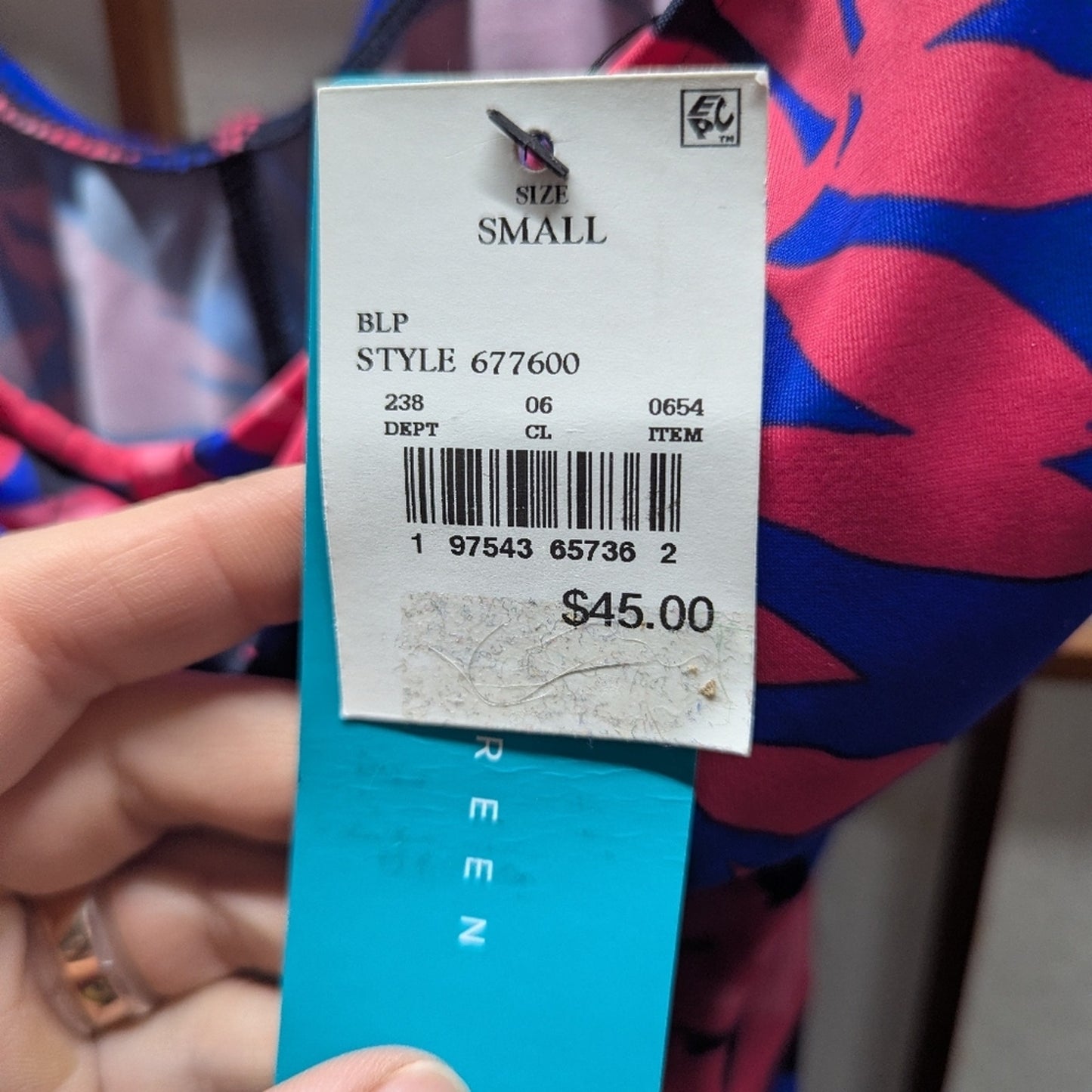 Aqua Green Women's Cinch-Front One Piece Swimsuit Pink & Blue Floral Sz S. #B39