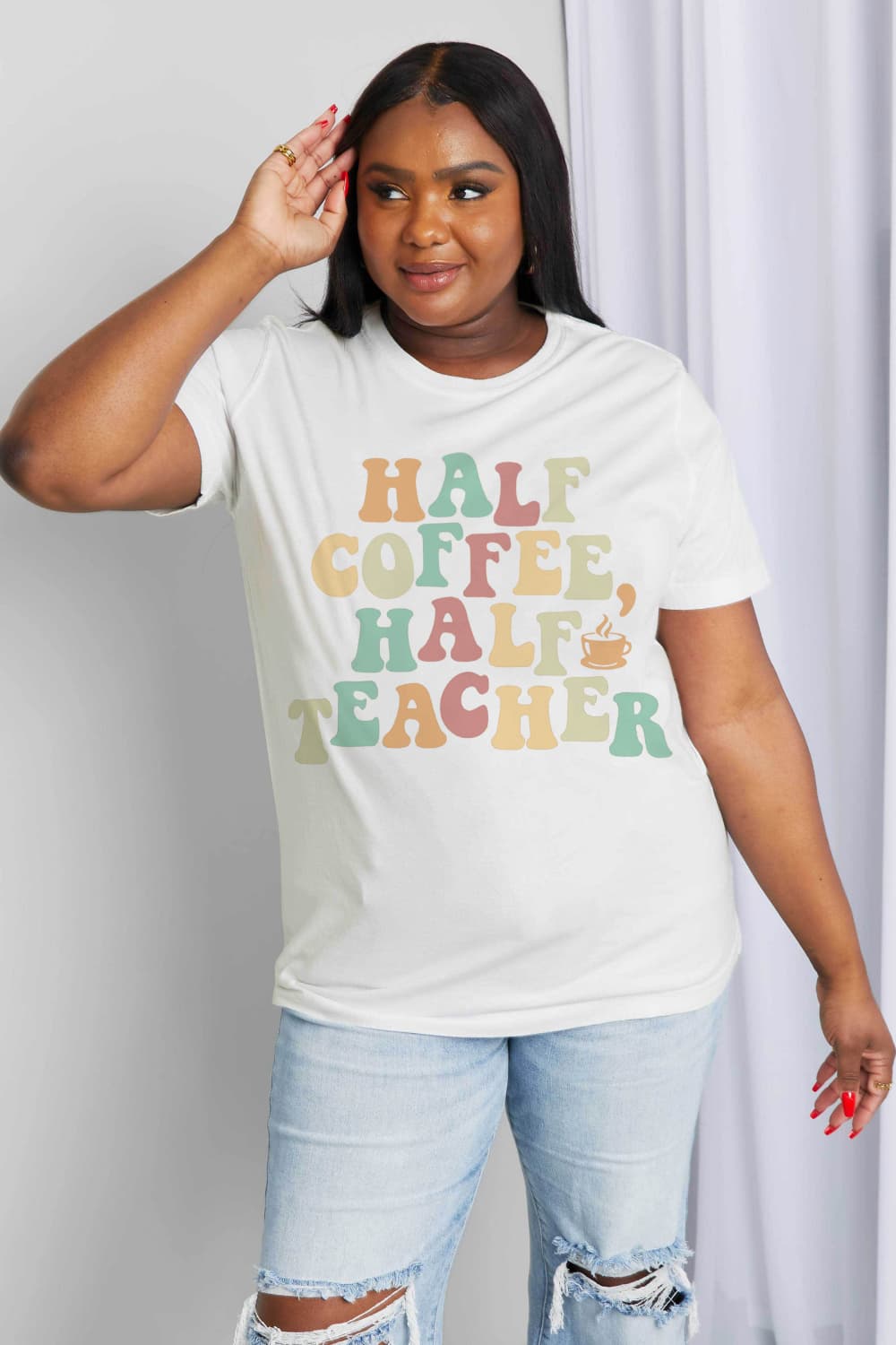 Simply Love Full Size HALF COFFEE HALF TEACHER Graphic Cotton Tee - Scarlett's Riverside Boutique 