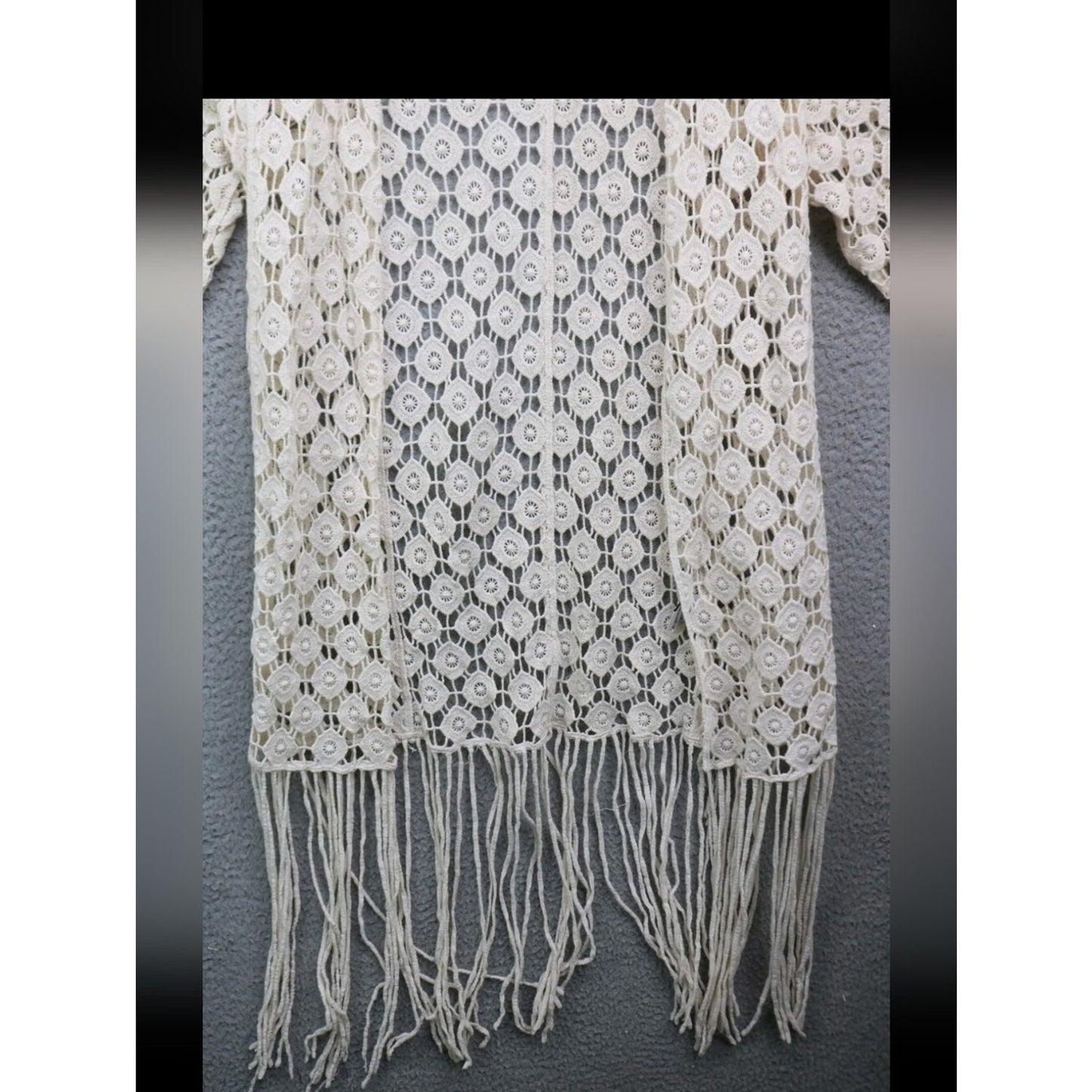 100% Cotton Rebellious One Cream Crochet Fringe Kimono Cardigan Boho Festival