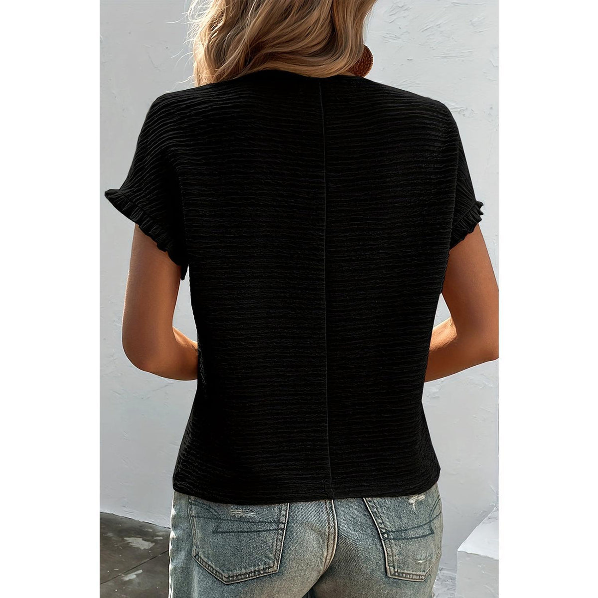 Black Solid Textured Ruffled Short Sleeve Blouse Fit Shirts Top Womenswear