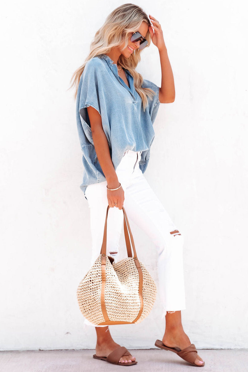 Sky Blue Split V Neck Oversized Denim Blouse - Scarlett's Riverside Boutique 