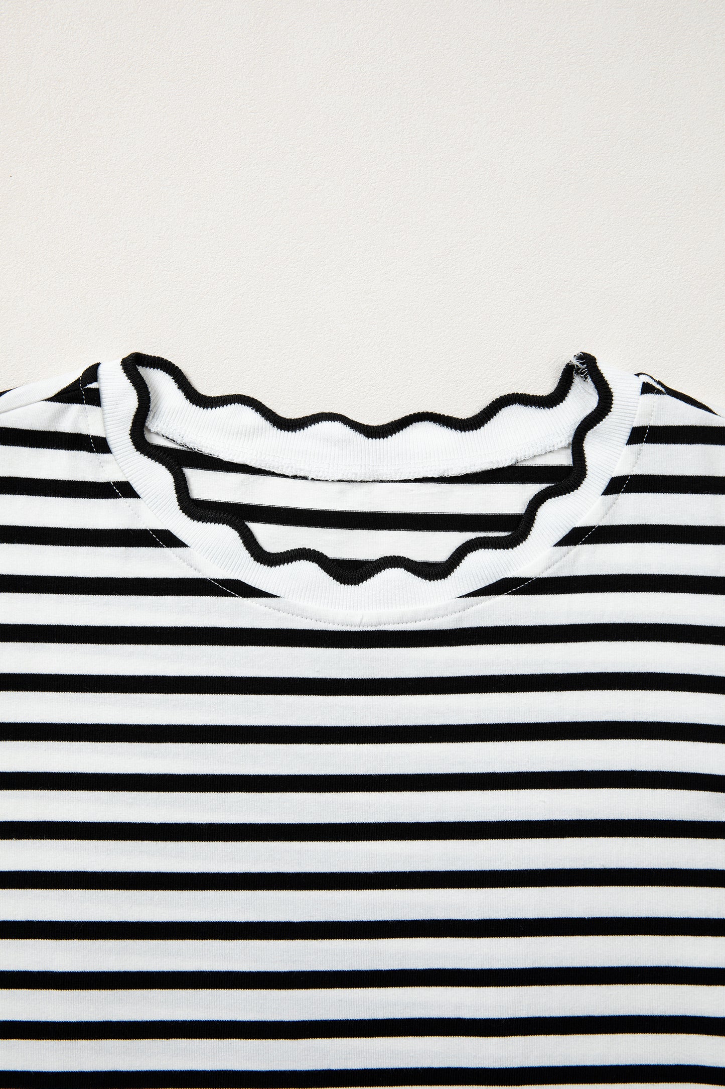 Red Stripe Scalloped Trim Round Neck T Shirt