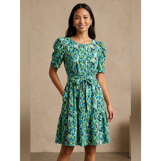 London Times Dress Women’s Size 8 Blue Green Abstract Floral Puff Sleeve Belted