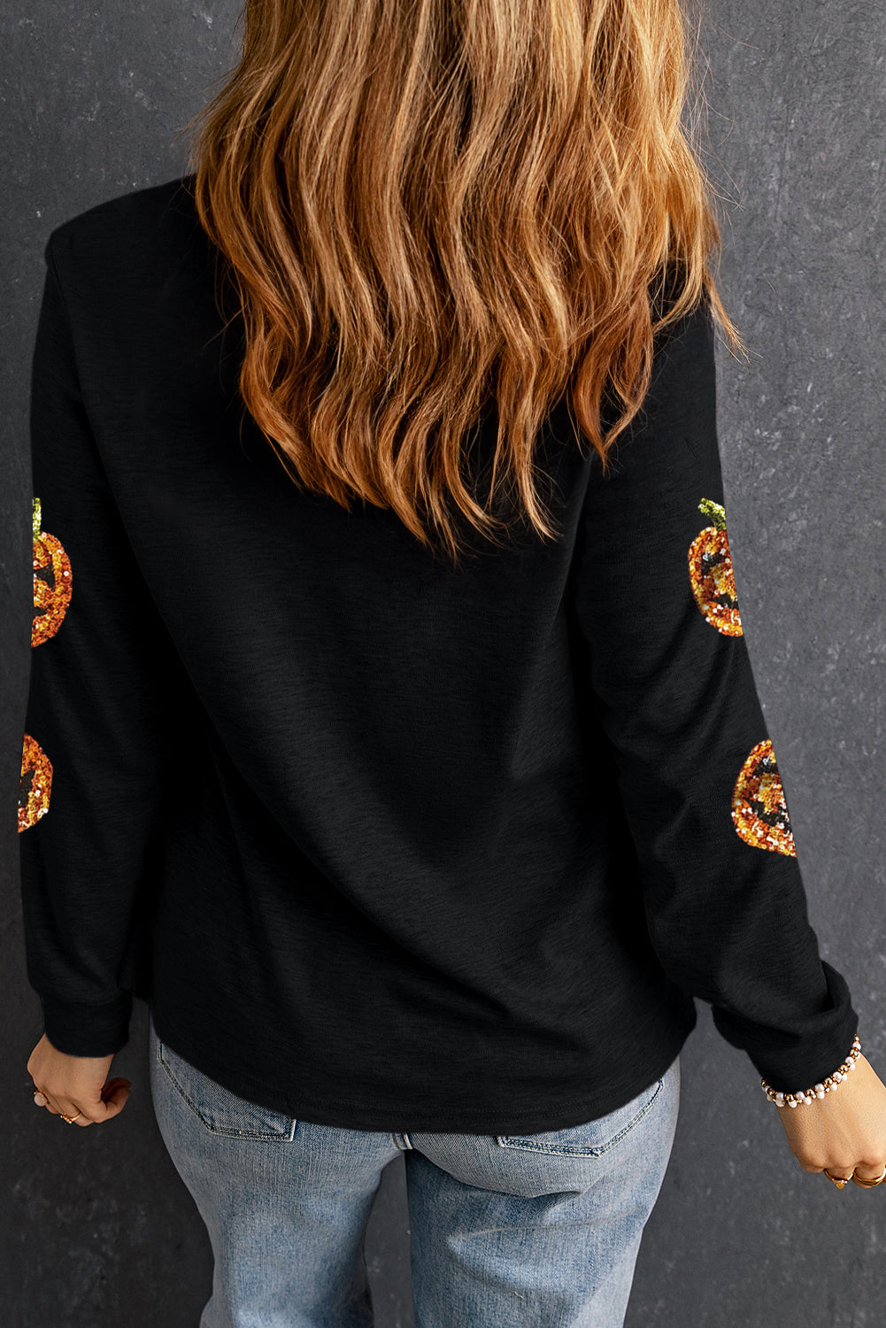 Black Halloween Sequin Pumpkin Face Pullover Long Sleeve Top - Scarlett's Riverside Boutique 