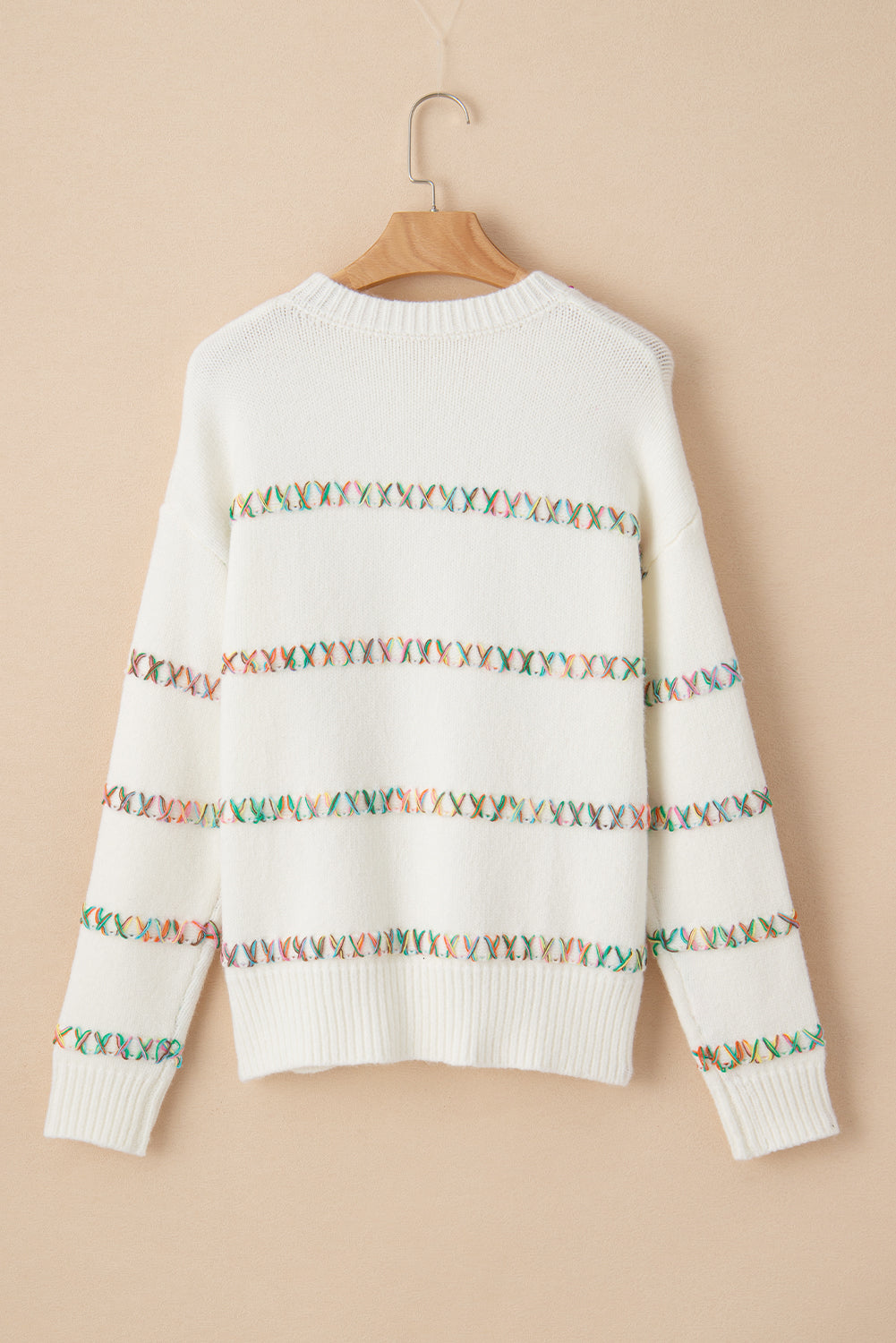 White Colorful Crossed Stitch Drop Shoulder Sweater - Scarlett's Riverside Boutique 