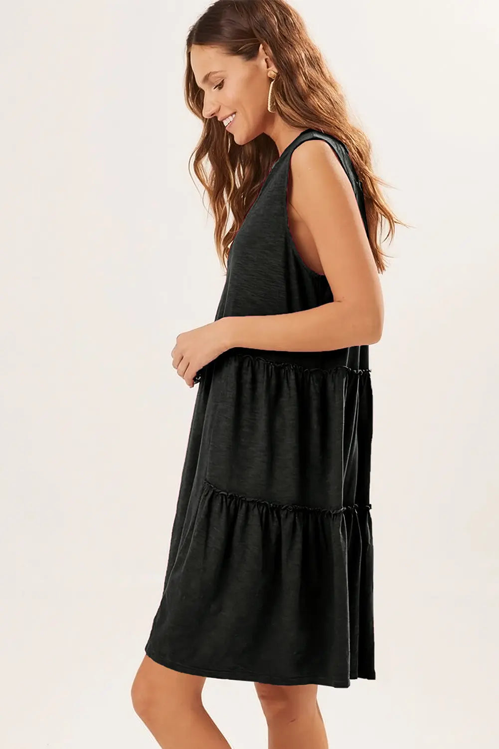 Black Split V Neck Tiered Flowy Sleeveless Dress - Scarlett's Riverside Boutique 