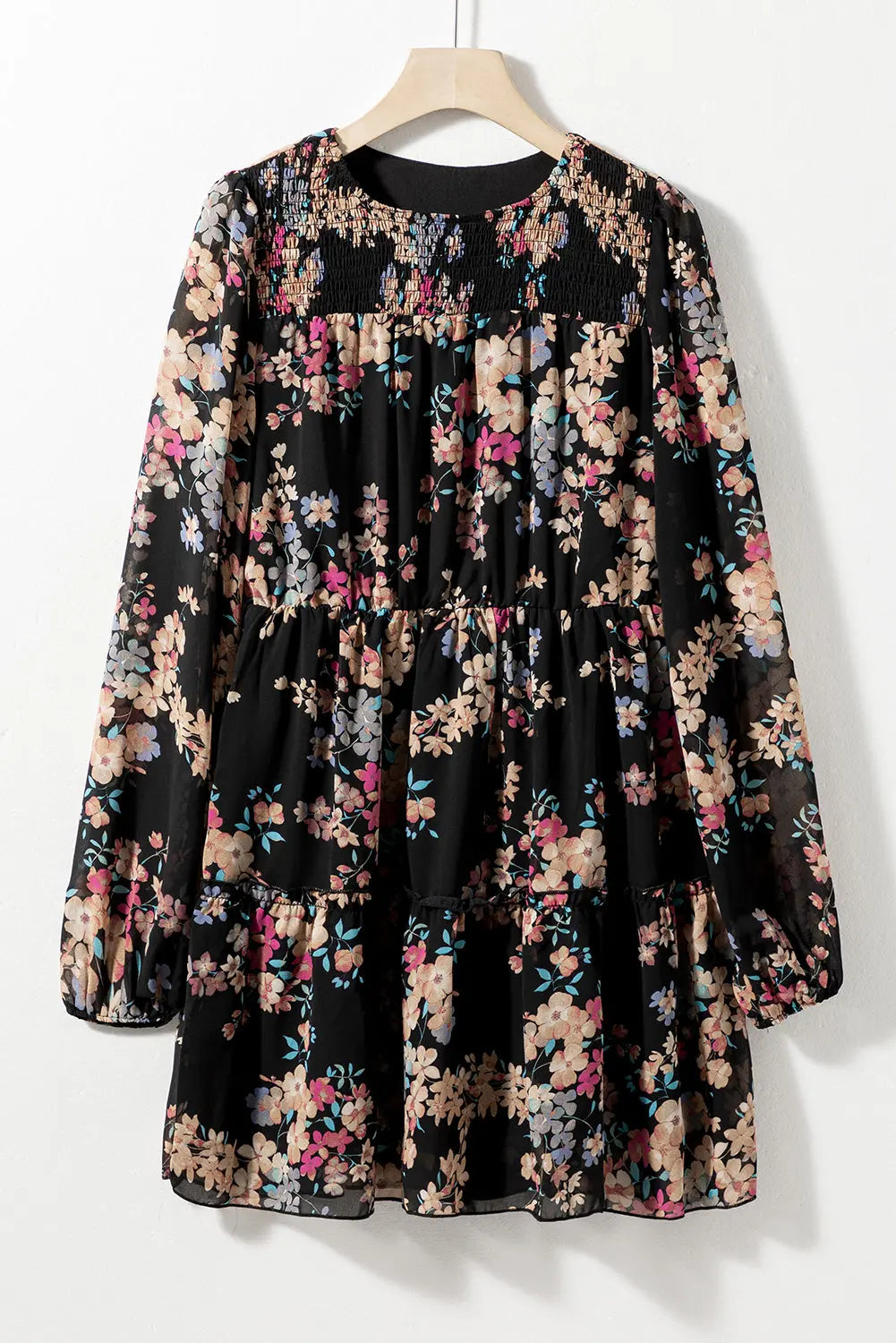 Black Floral Smocked Round Neck Ruffle Tiered Dress - Scarlett's Riverside Boutique