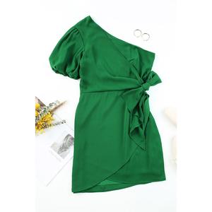 Tied One-Shoulder Puff Sleeve Dress Casual Flat Polyester Womenswear