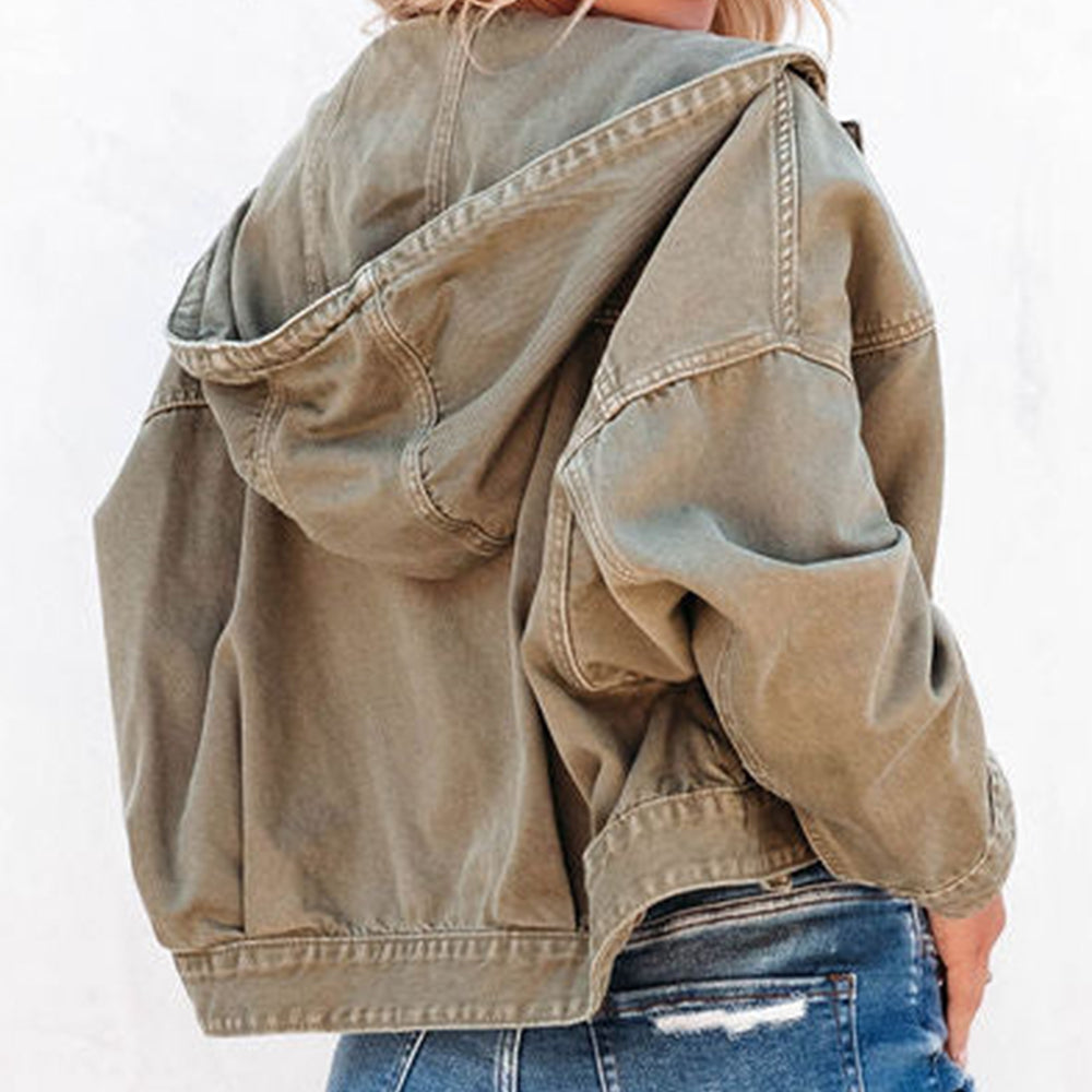 Hooded Dropped Shoulder Denim Jacket - Scarlett's Riverside Boutique 