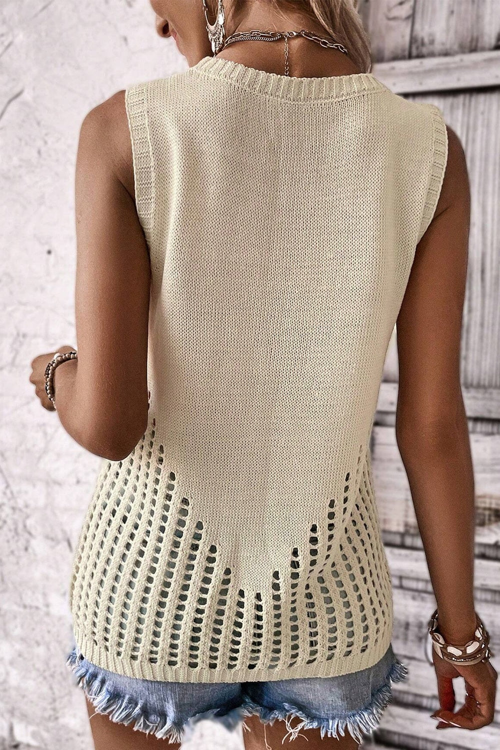 Openwork Round Neck Knit Vest - Scarlett's Riverside Boutique 