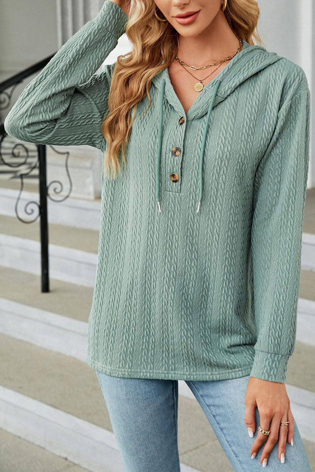 Mint Green Button Front Textured Drawstring Hooded Long Sleeve Top - Scarlett's Riverside Boutique 