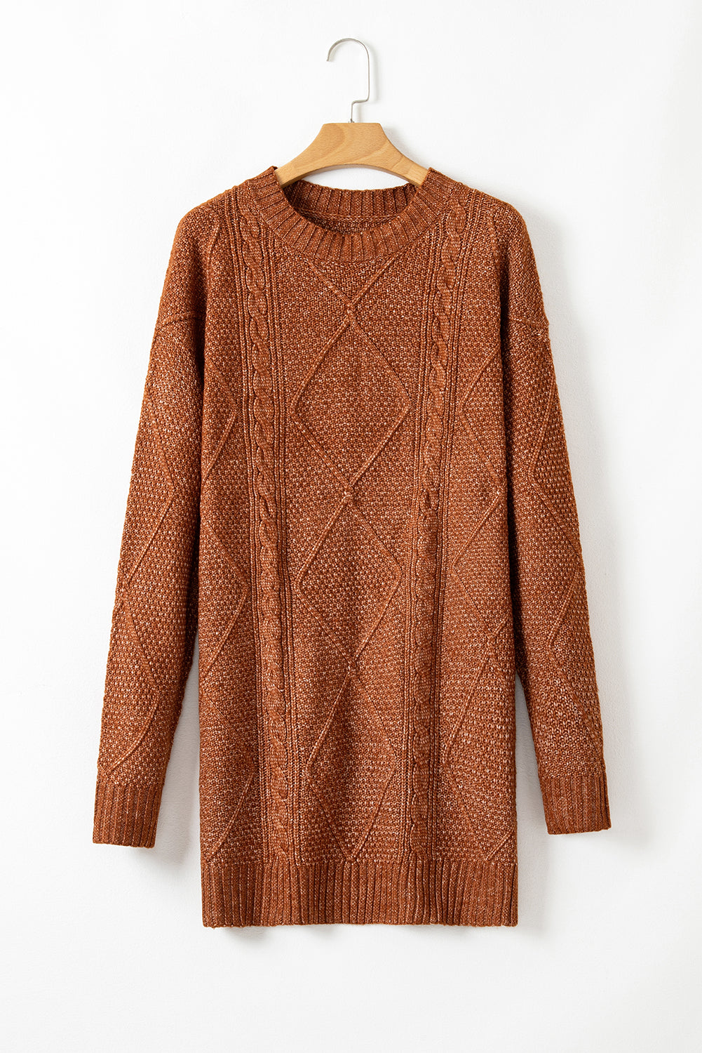 Coffee Cable Knit Drop Shoulder Loose Fit Sweater Dress - Scarlett's Riverside Boutique 