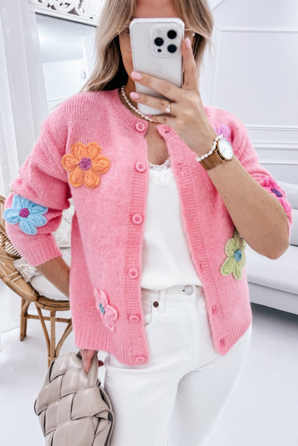 Pink Cute Knitted Floral Pattern Button Up Cardigan - Scarlett's Riverside Boutique 