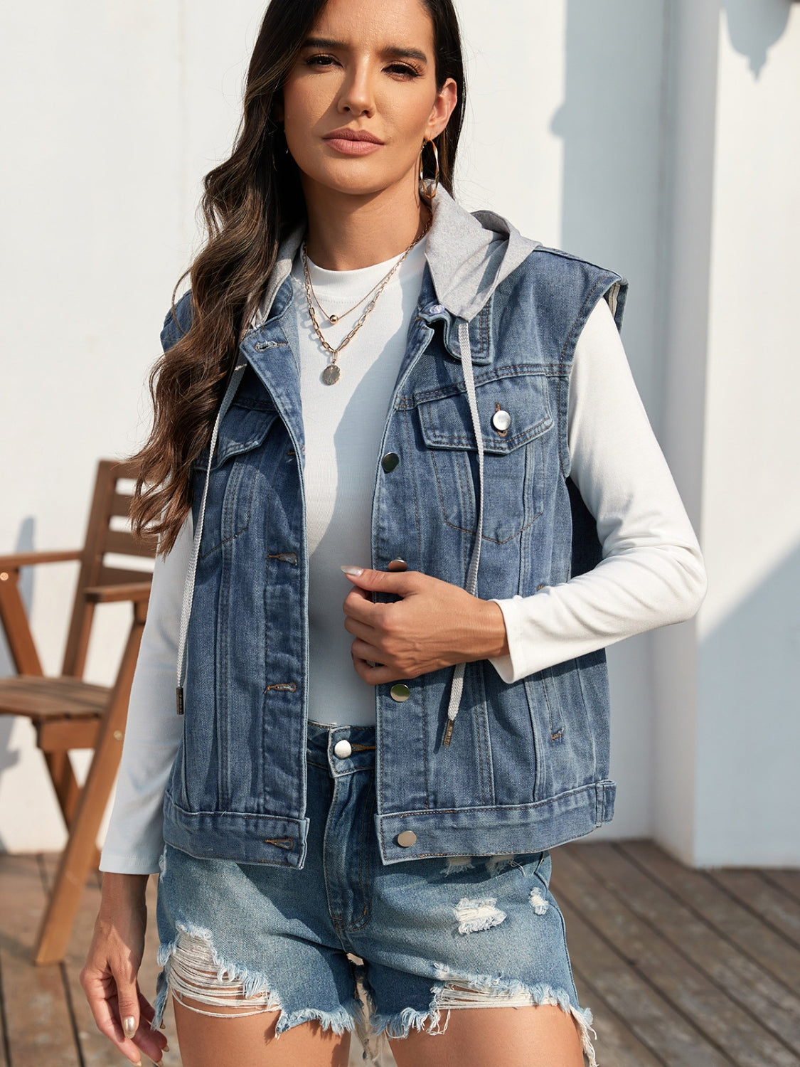 Pocketed Button Up Hooded Denim Jacket - Scarlett's Riverside Boutique 