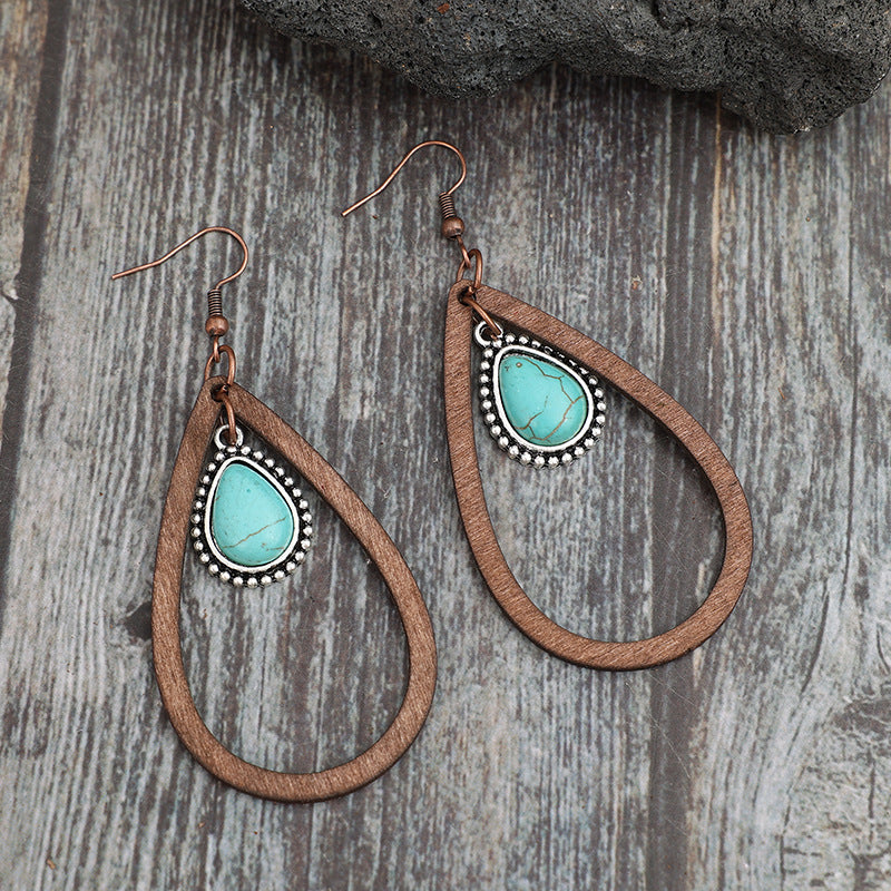 Wooden Turquoise Cutout Teardrop Earrings - Scarlett's Riverside Boutique 