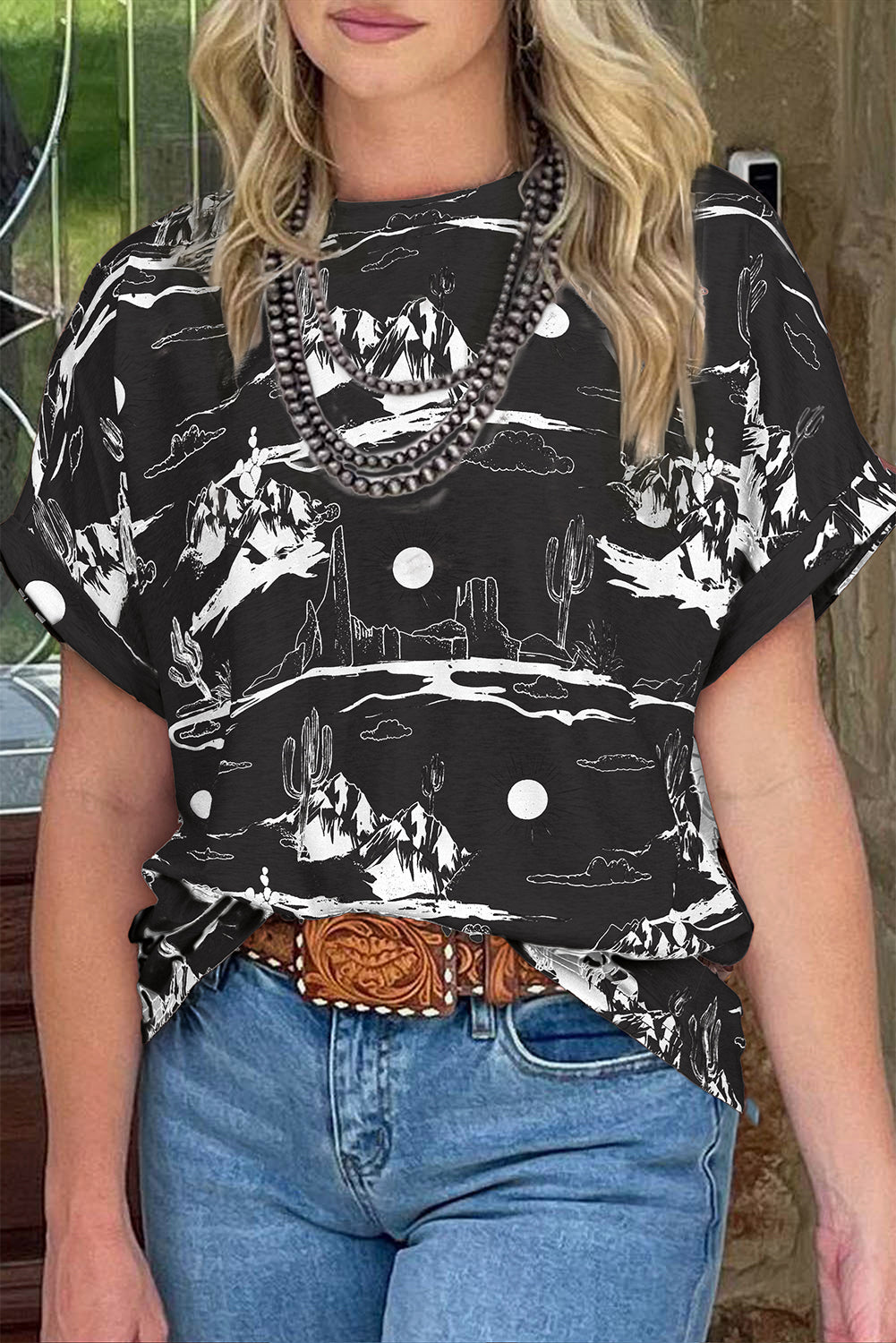 Chestnut Desert Sand Print Short Sleeve Knit Top