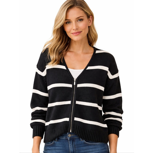Liz Claiborne Petite Large Black White Striped Zip Front Knit Cardigan Sweater