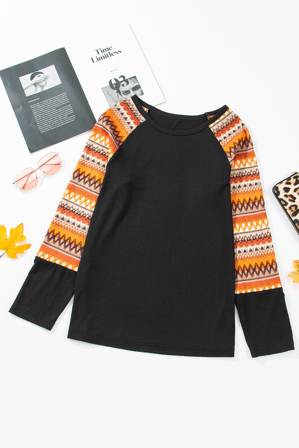 Orange Geo Print Raglan Patchwork Long Sleeve Tee - Scarlett's Riverside Boutique 