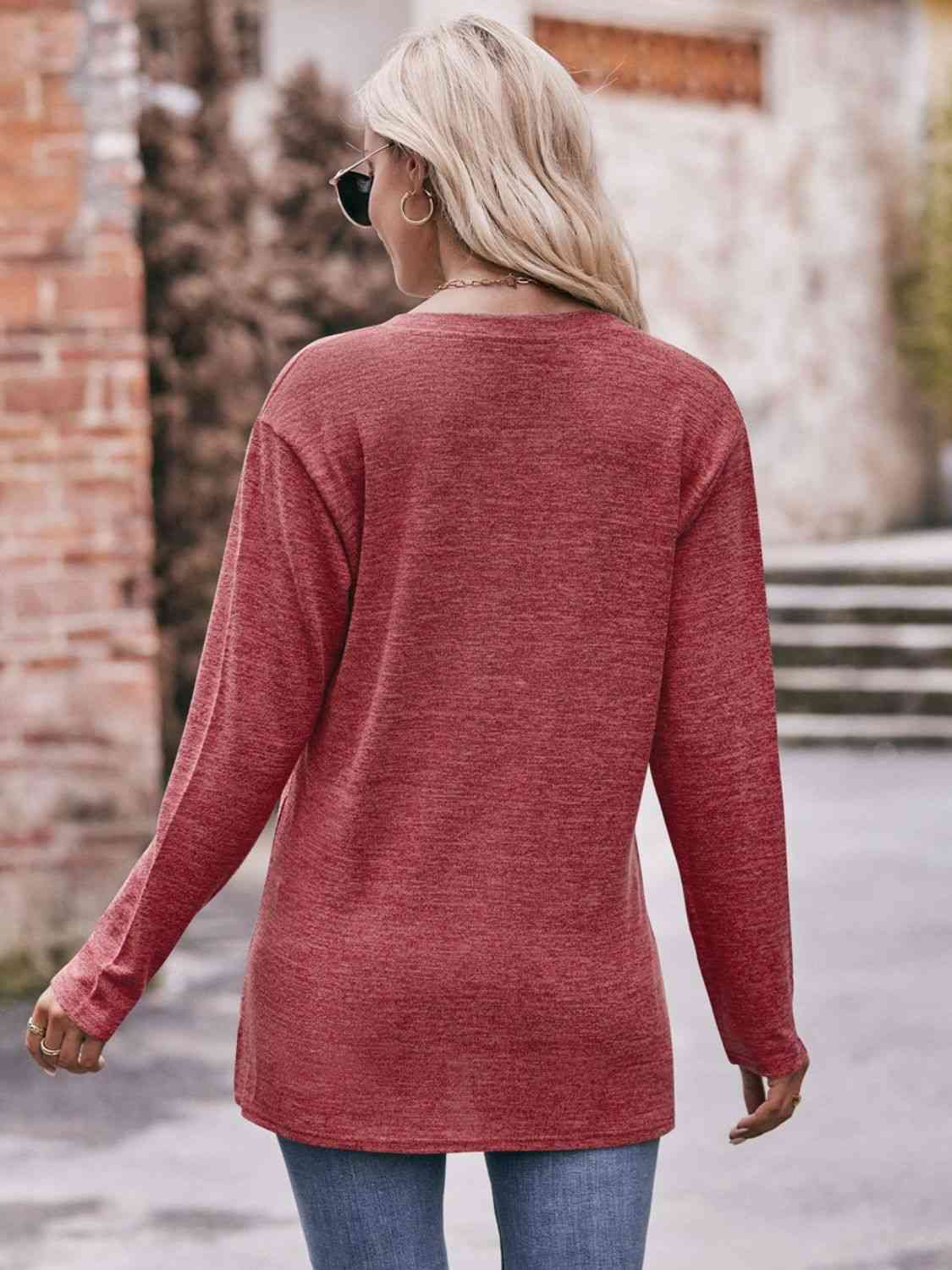 Double Take Buttoned Notched Neck Long Sleeve Top Casual Womenswear Solid Comfort