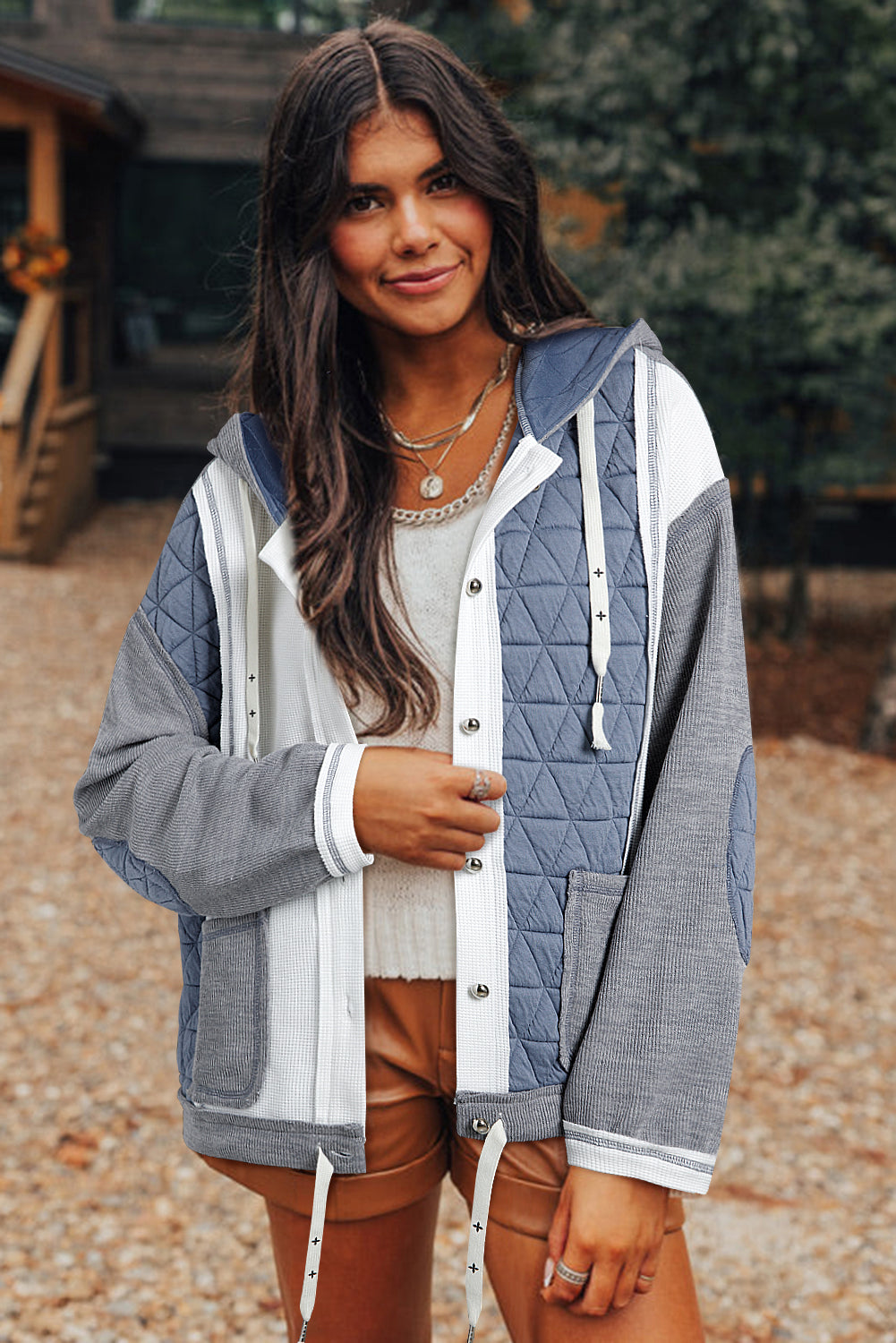 Light Blue Quilted Textured Patchwork Loose Fit Hooded Jacket - Scarlett's Riverside Boutique 