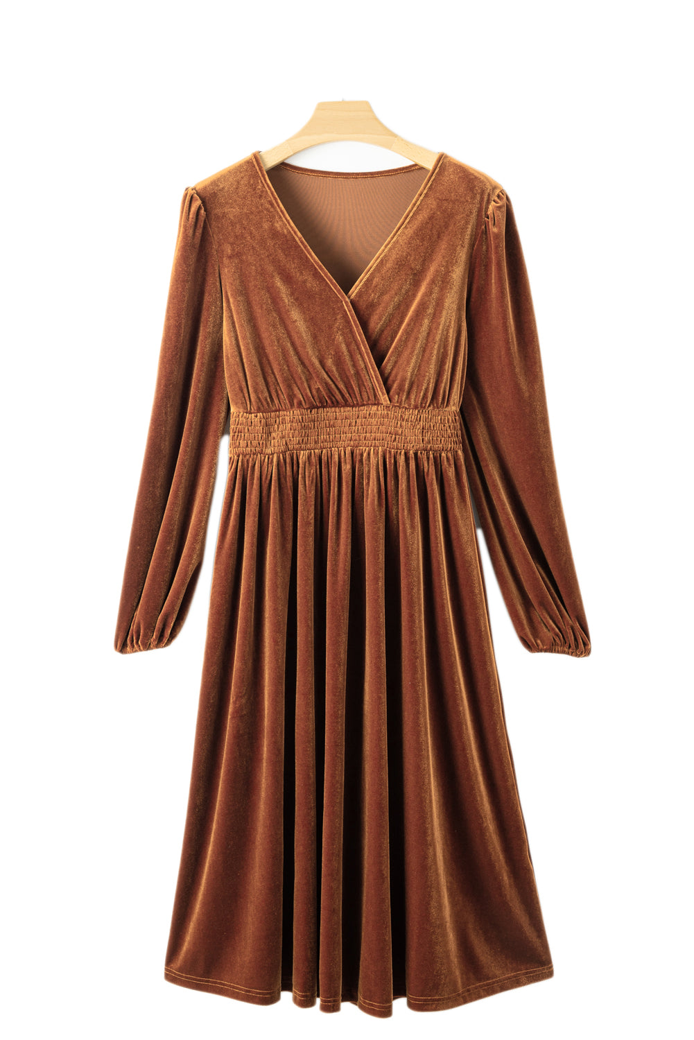 Camel Wrap V Neck Smocked High Waist Velvet Midi Dress - Scarlett's Riverside Boutique 