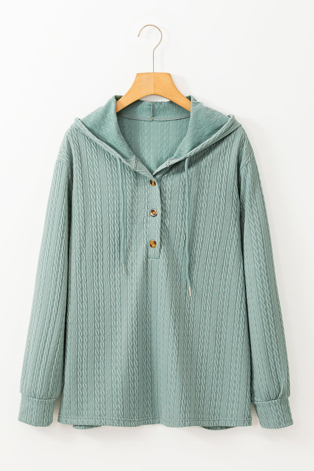 Mint Green Button Front Textured Drawstring Hooded Long Sleeve Top - Scarlett's Riverside Boutique 