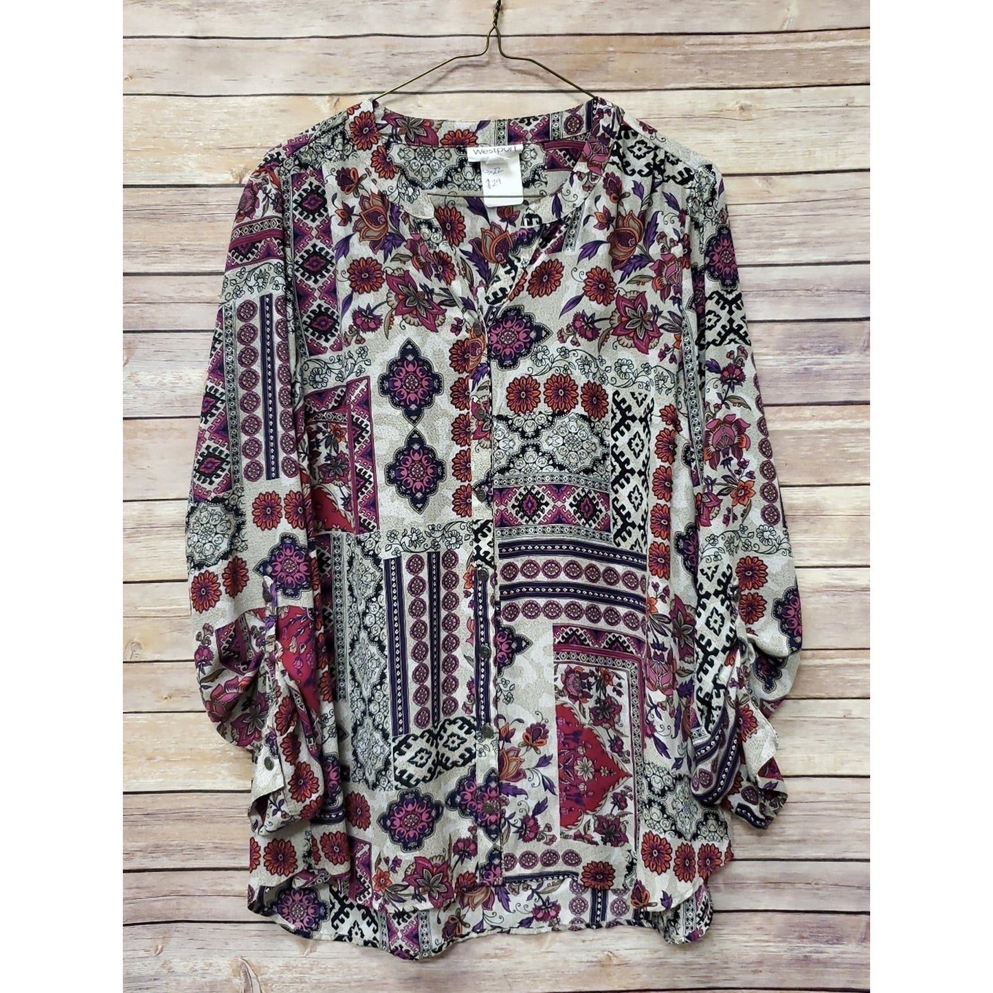 Westport Women’s Floral Boho Blouse Large White Purple Orange Patchwork Print Ba