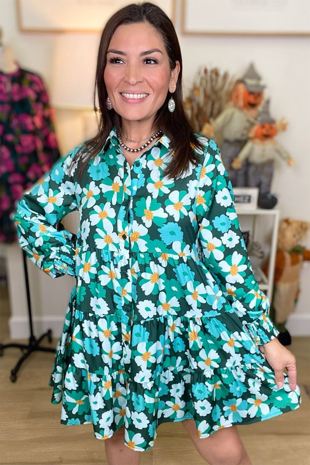 Green Floral Tiered Long Puff Sleeve Shirt Dress - Scarlett's Riverside Boutique 