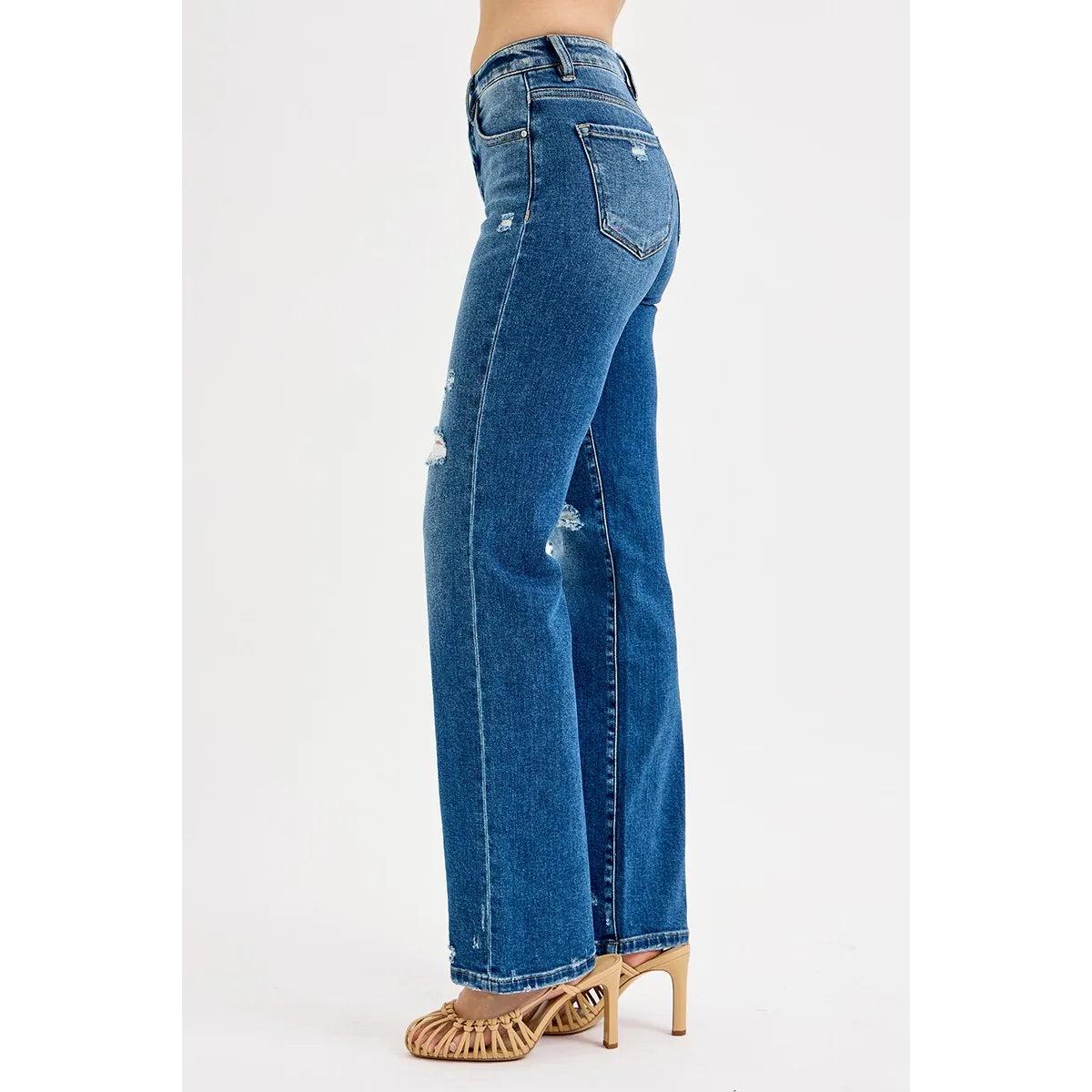 RISEN Full Size Tummy Control High Rise Straight Distressed Jeans