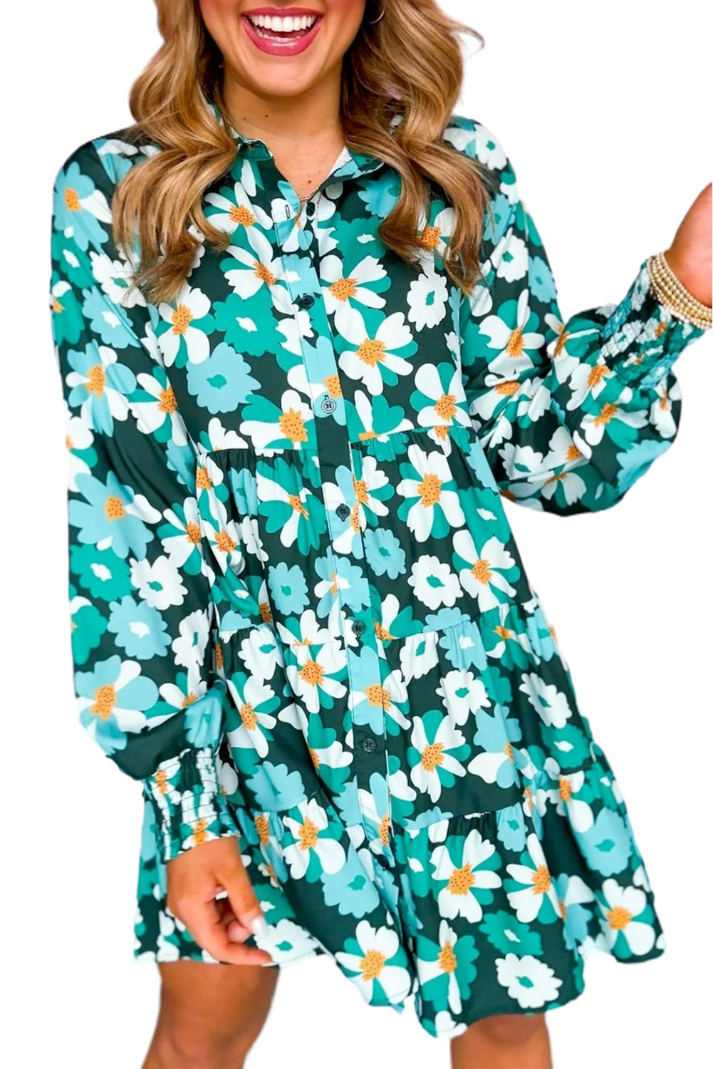 Green Floral Tiered Long Puff Sleeve Shirt Dress - Scarlett's Riverside Boutique 