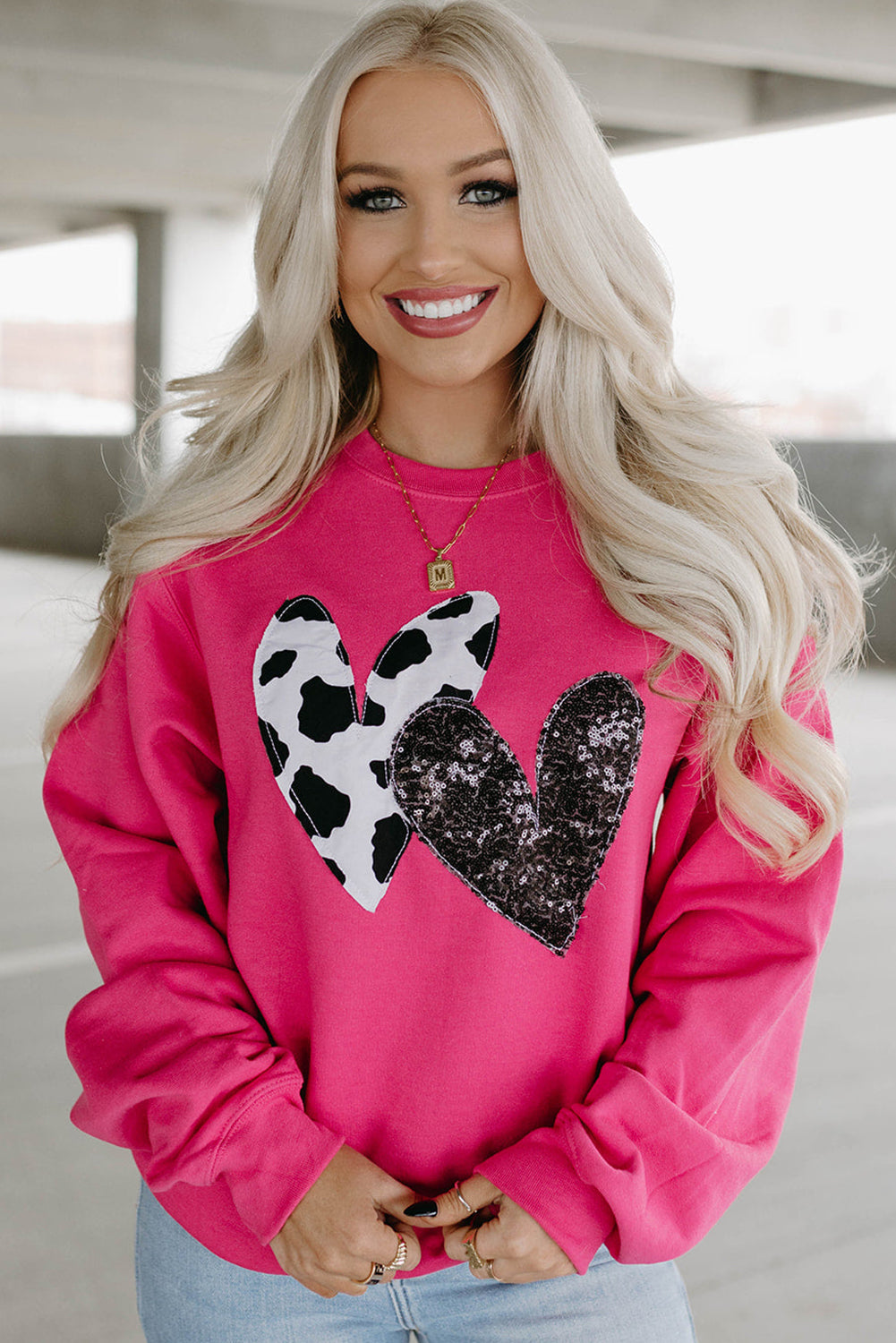 Strawberry Pink Cow & Sequin Double Heart Patch Graphic Sweatshirt - Scarlett's Riverside Boutique 