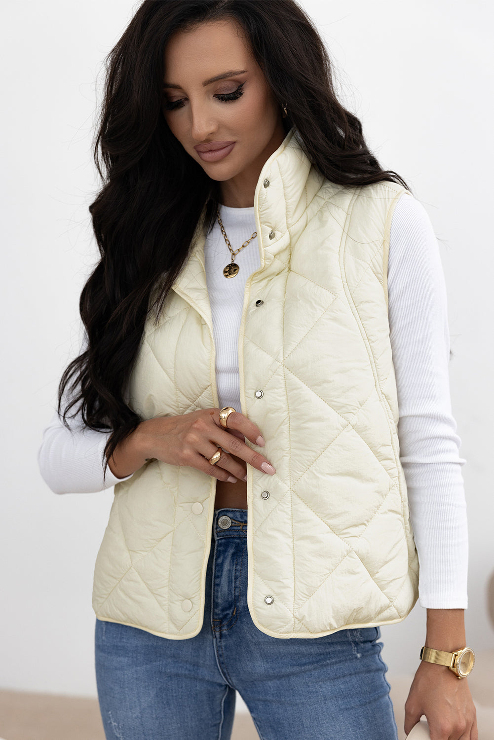 Beige Quilted High Neck Button Up Pocket Vest Coat - Scarlett's Riverside Boutique 