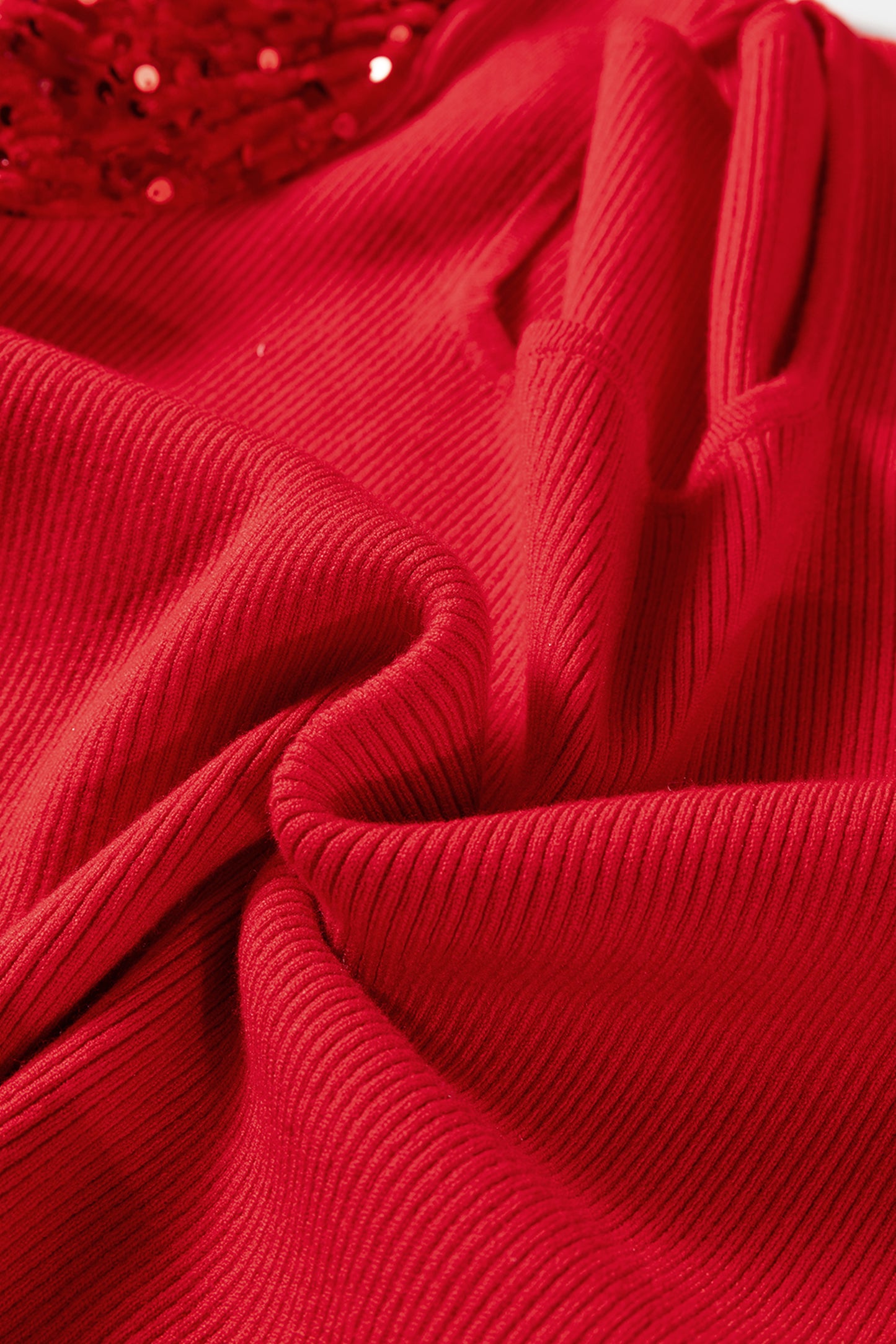 Fiery Red Sequin Sleeve Patchwork Ribbing Knit Square Neck Sweater