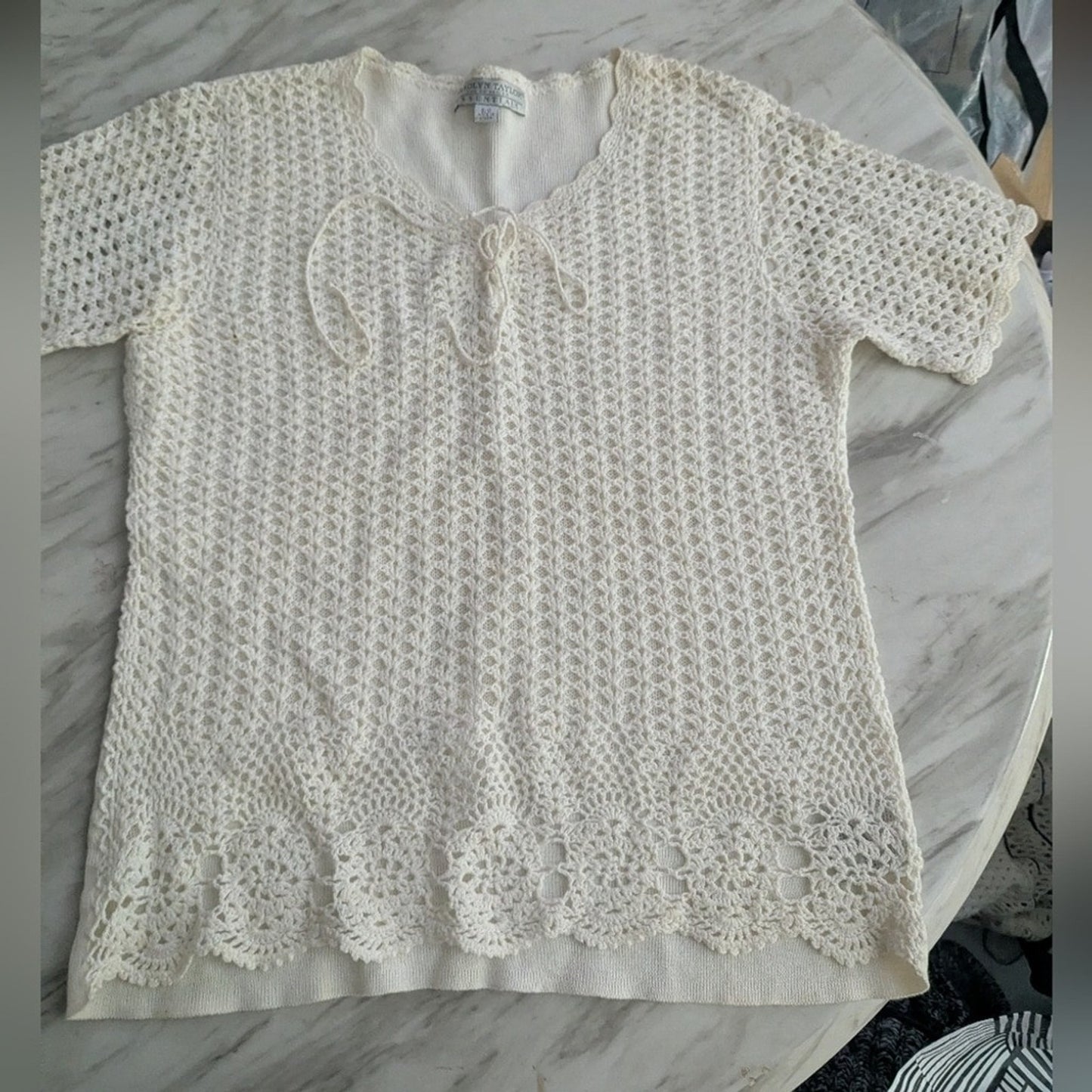 Vintage Crochet Knit Top Cream Whimsigoth Fairy Handmade Size Small Cotton #E7
