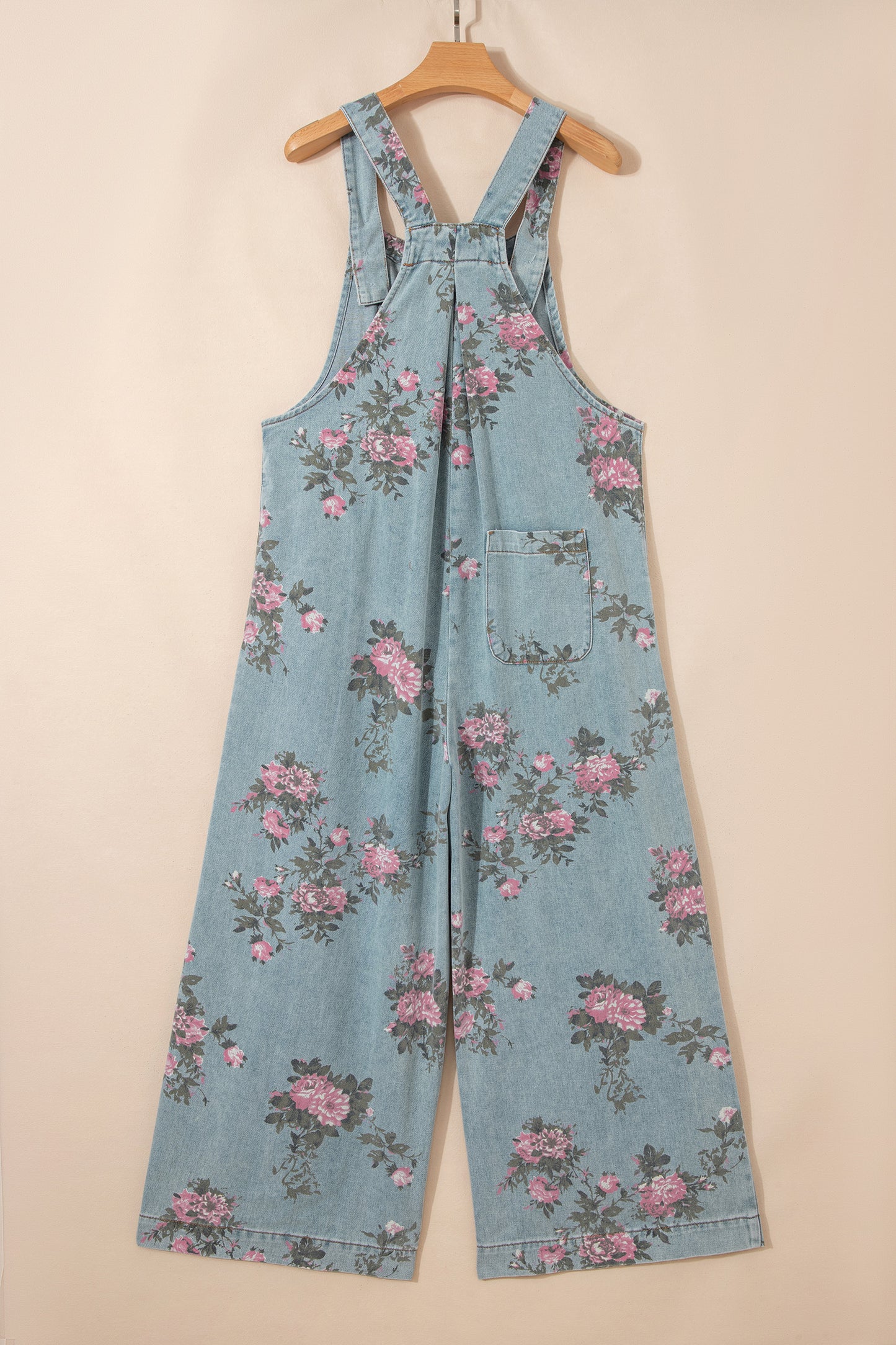 Beau Blue Floral Denim Jumpsuit Wide Leg Pleated Sleeveless Boho Overalls